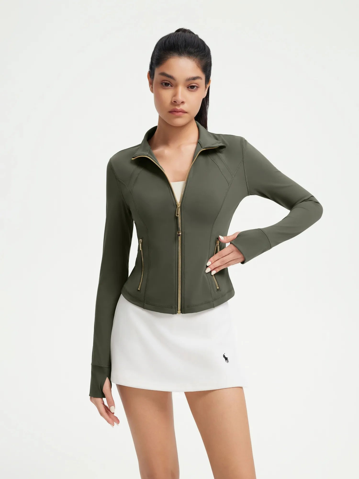 SUUKSESS Women Golden Full Zip Up Workout Cropped Jackets Lightweight Athletic Yoga Tops-SUUKSESS-Dark Green-XS-SUUKSESS