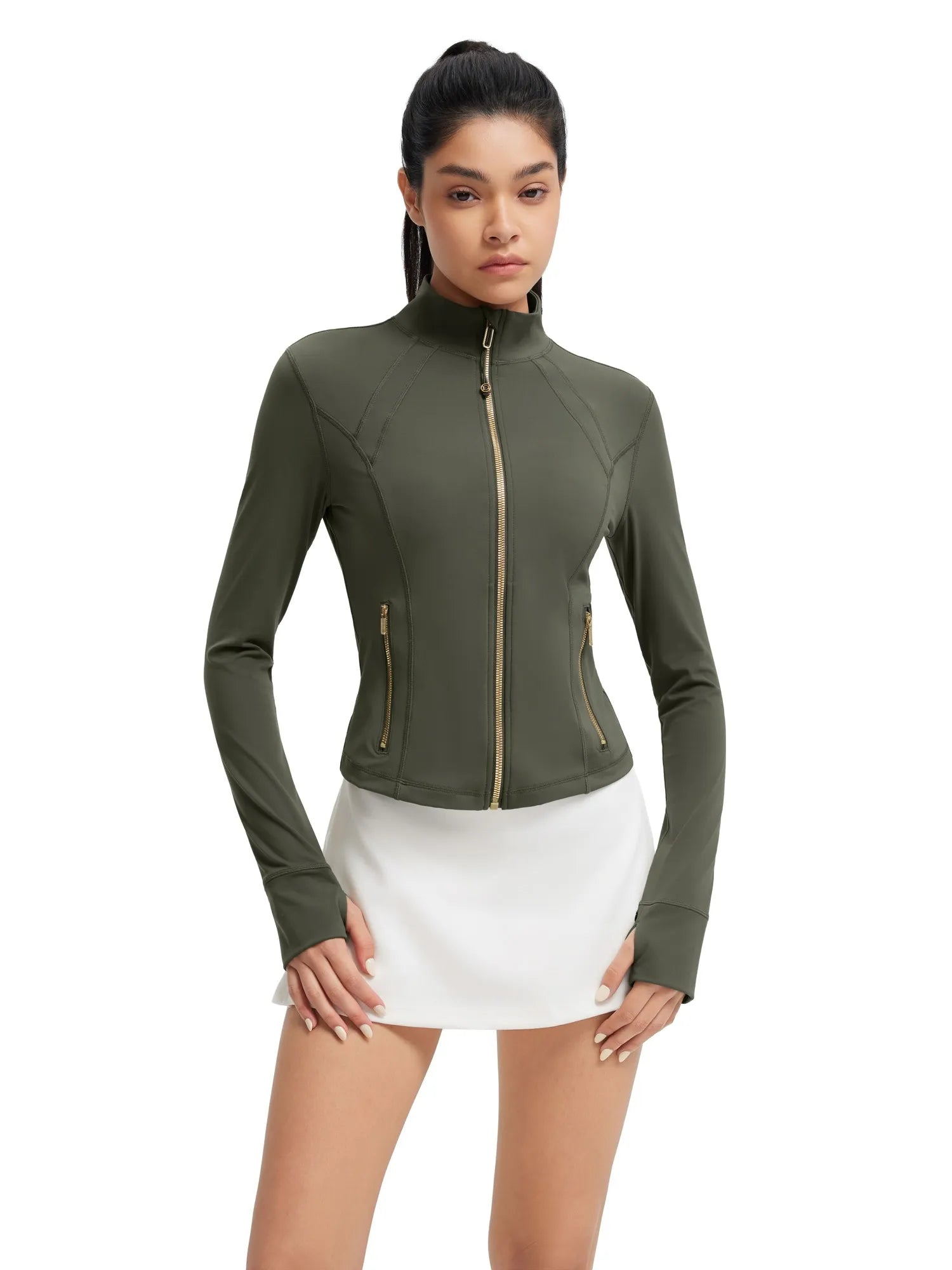 SUUKSESS Women Golden Full Zip Up Workout Cropped Jackets Lightweight Athletic Yoga Tops-SUUKSESS-SUUKSESS