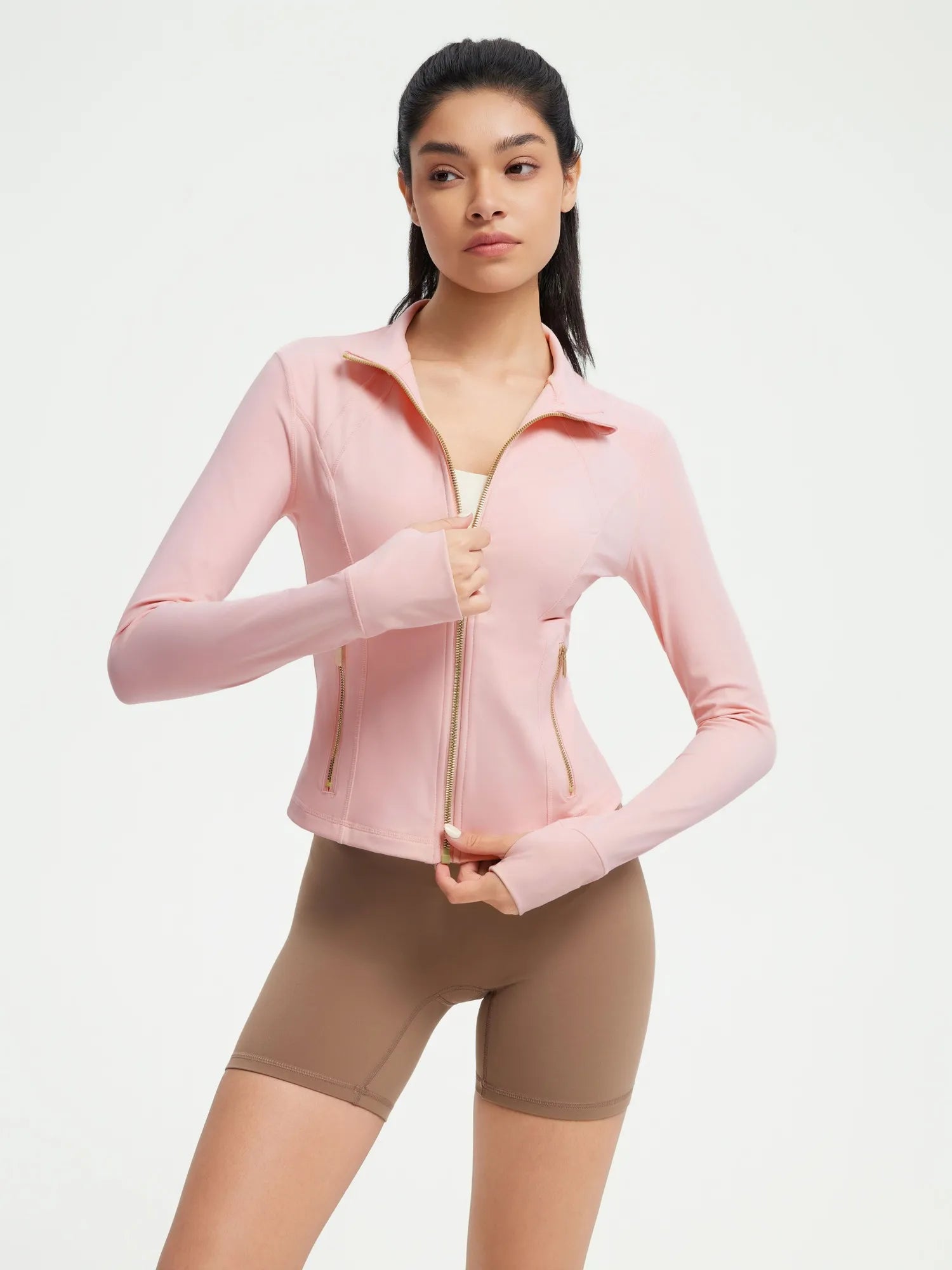 SUUKSESS Women Golden Full Zip Up Workout Cropped Jackets Lightweight Athletic Yoga Tops-SUUKSESS-Pink-XS-SUUKSESS
