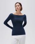 SUUKSESS Cloud Cashmere Women Boat Neck Fitted Long Sleeve Shirt Basic Knit Tops-SUUKSESS-Navy-XS-SUUKSESS