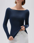 SUUKSESS Cloud Cashmere Women Boat Neck Fitted Long Sleeve Shirt Basic Knit Tops-SUUKSESS-SUUKSESS