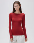 SUUKSESS Cloud Cashmere Women Boat Neck Fitted Long Sleeve Shirt Basic Knit Tops-SUUKSESS-Red-XS-SUUKSESS