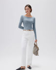 SUUKSESS Cloud Cashmere Women Boat Neck Fitted Long Sleeve Shirt Basic Knit Tops-SUUKSESS-Steelblue-XS-SUUKSESS