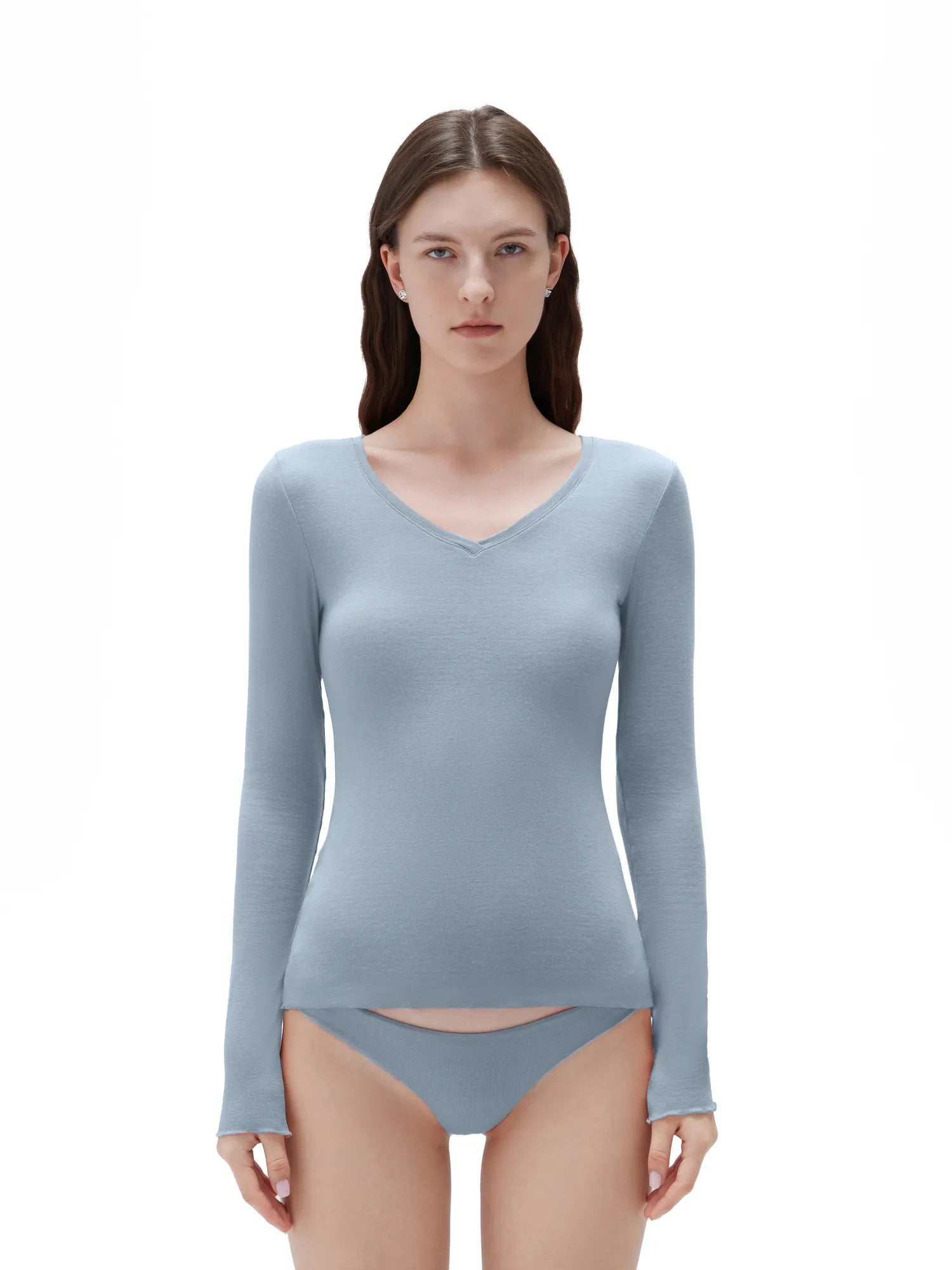 SUUKSESS Cloud Cashmere Women V Neck Fitted Long Sleeve Shirt Basic Soft Knit Tops-SUUKSESS-Slate gray-XS-SUUKSESS