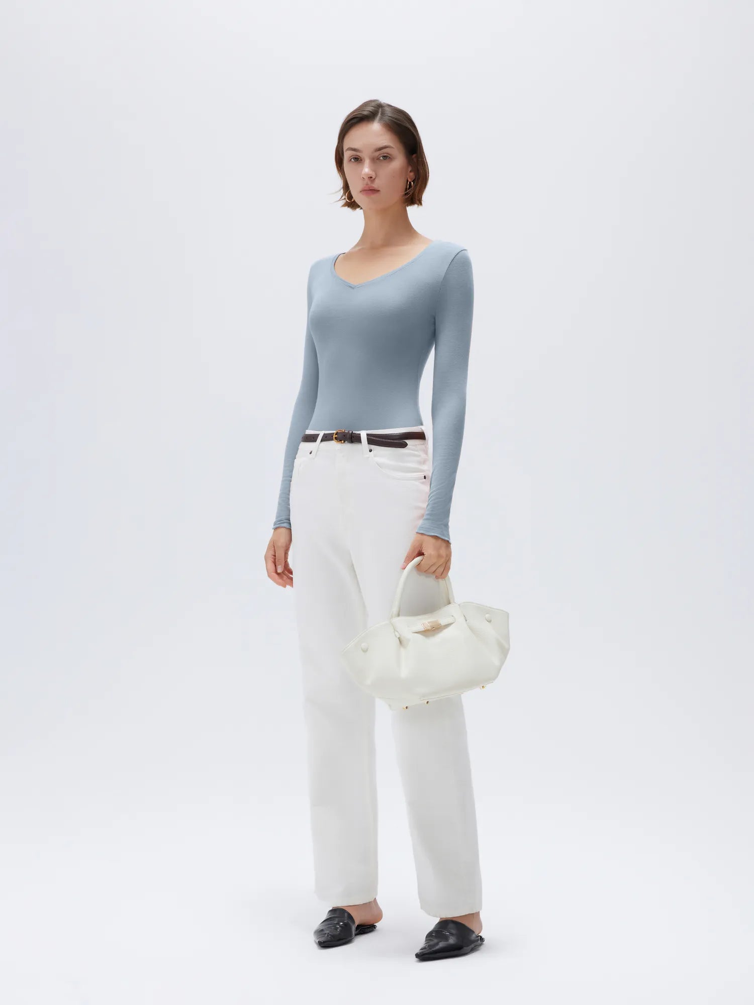 SUUKSESS Cloud Cashmere Women V Neck Fitted Long Sleeve Shirt Basic Soft Knit Tops-SUUKSESS-SUUKSESS