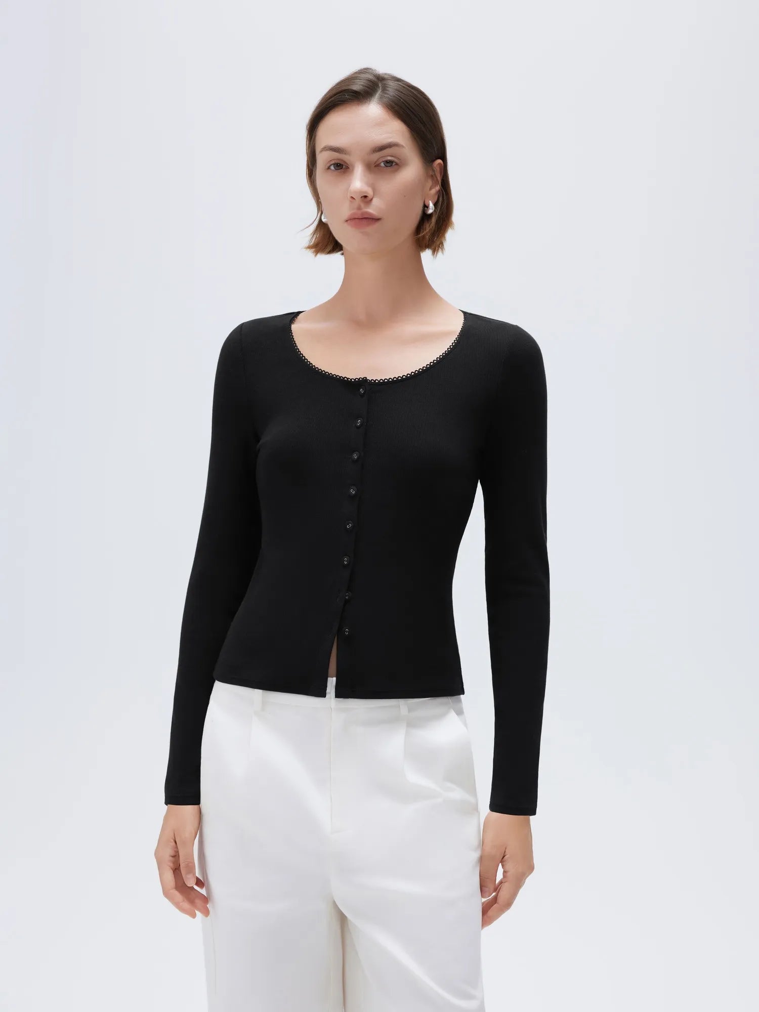 SUUKSESS Women Cotton Ribbed Long Sleeve Tops Button Down Crew Neck Lace Line Going Out Fitted Shirts-SUUKSESS-Black-XS-SUUKSESS