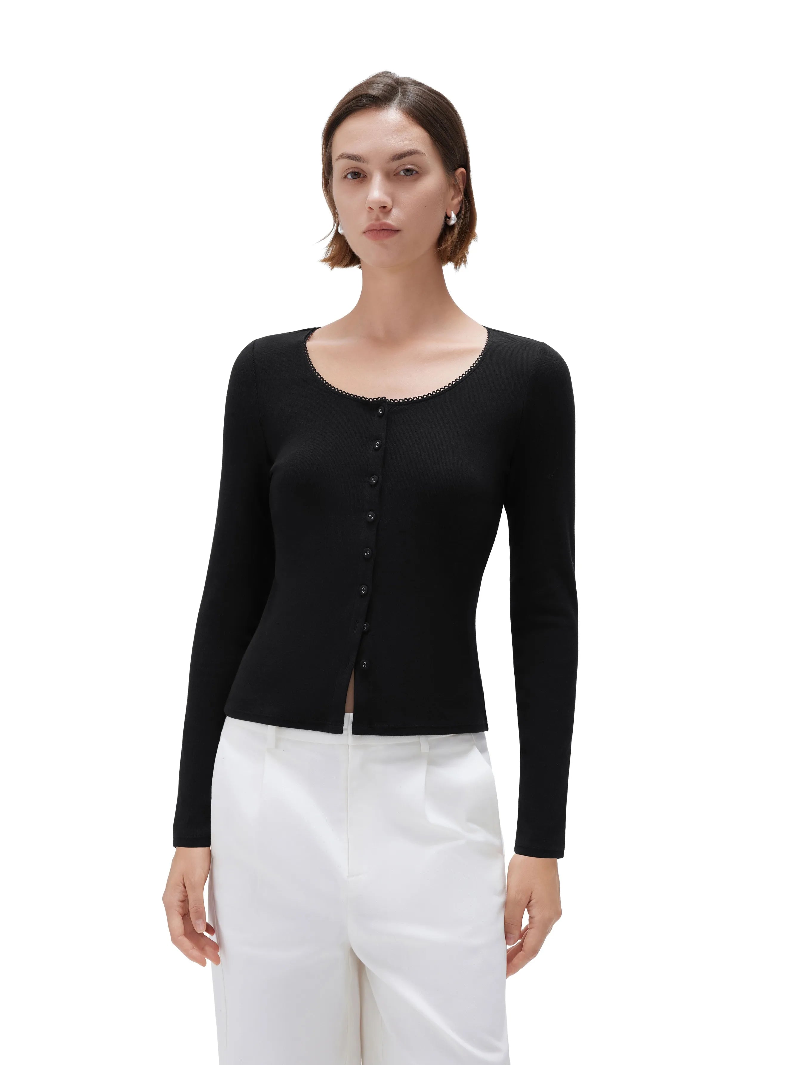 SUUKSESS Women Cotton Ribbed Long Sleeve Tops Button Down Crew Neck Lace Line Going Out Fitted Shirts-SUUKSESS-SUUKSESS