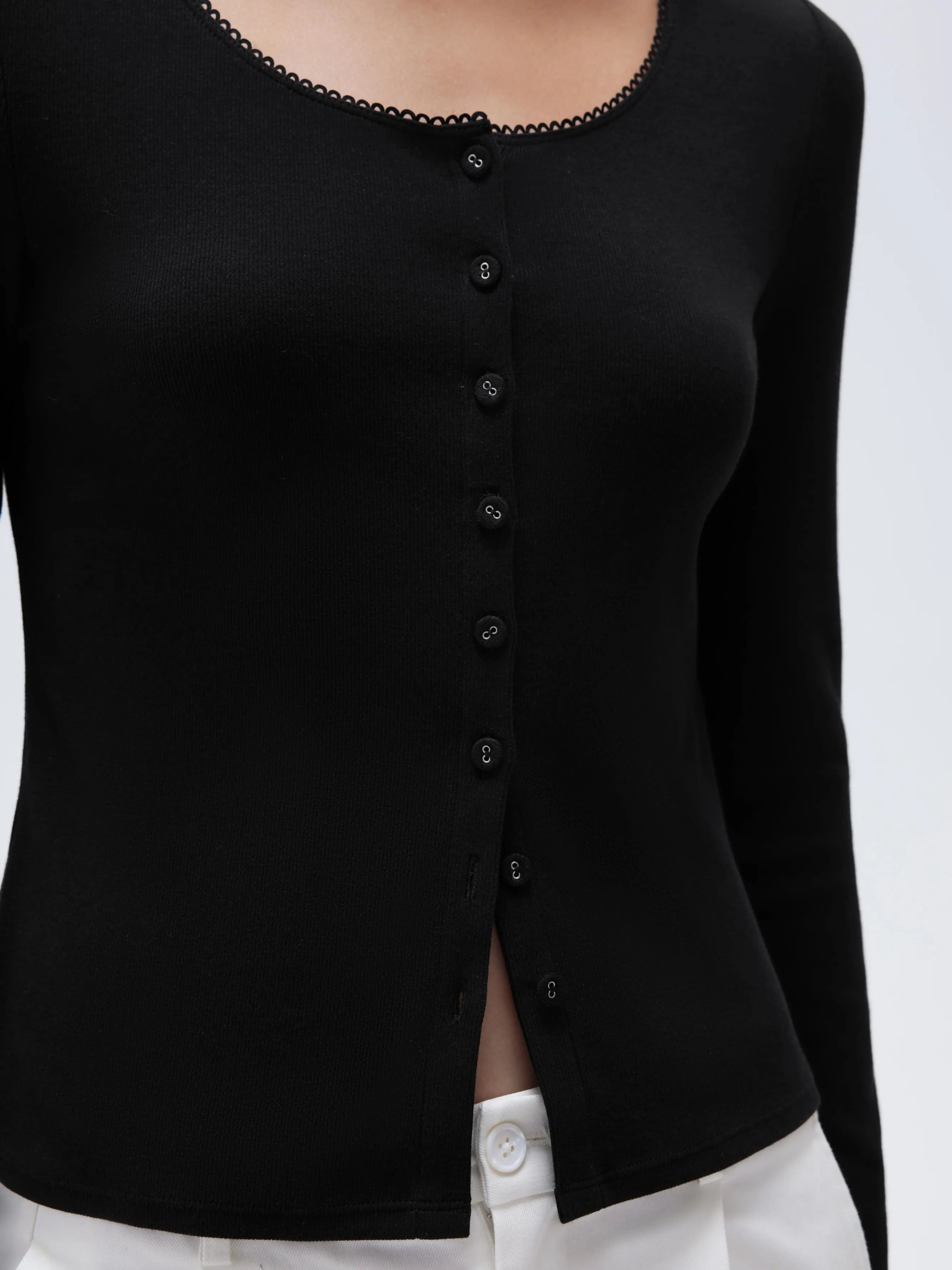 SUUKSESS Women Cotton Ribbed Long Sleeve Tops Button Down Crew Neck Lace Line Going Out Fitted Shirts-SUUKSESS-SUUKSESS