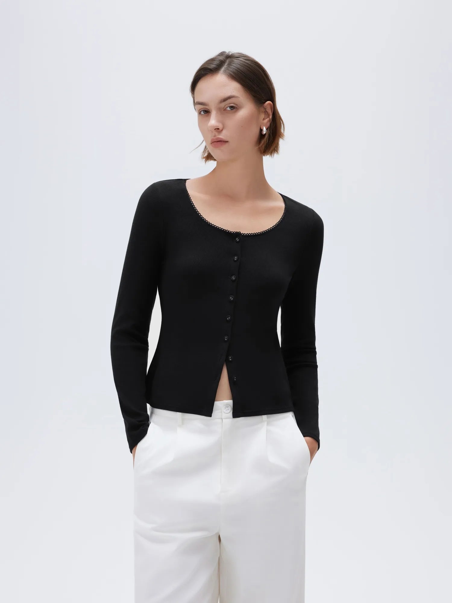 SUUKSESS Women Cotton Ribbed Long Sleeve Tops Button Down Crew Neck Lace Line Going Out Fitted Shirts-SUUKSESS-SUUKSESS