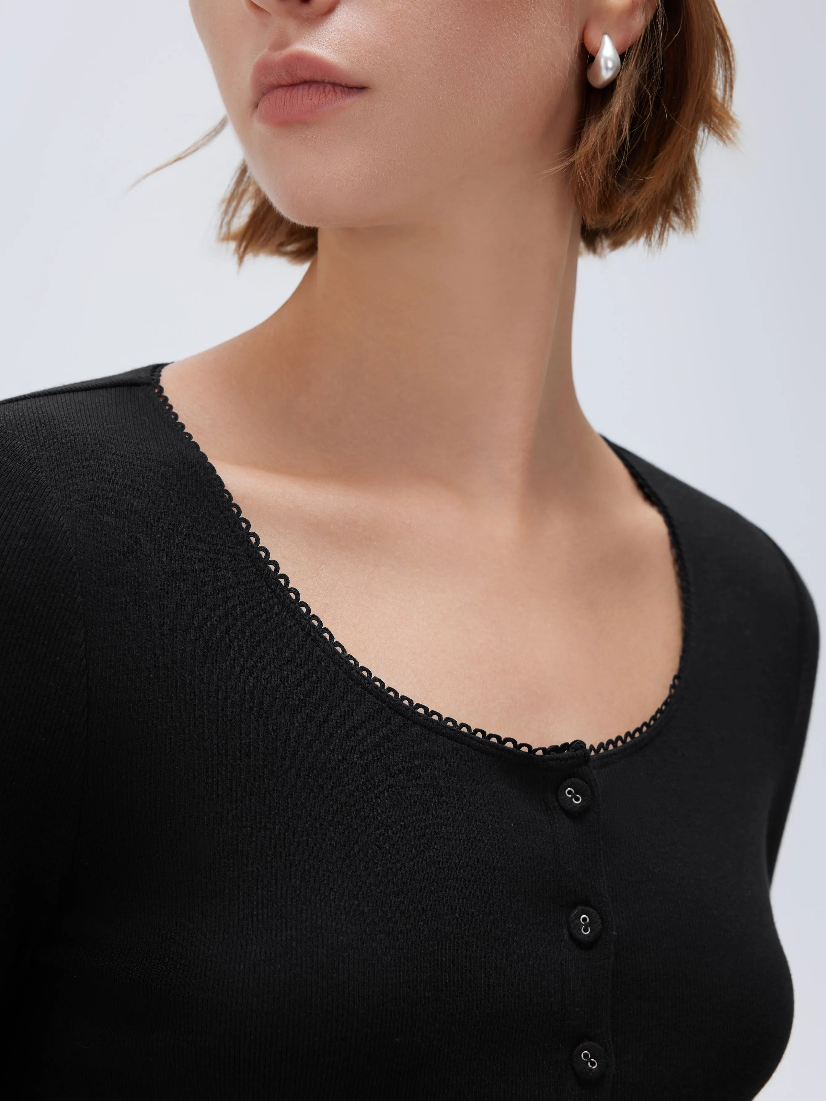 SUUKSESS Women Cotton Ribbed Long Sleeve Tops Button Down Crew Neck Lace Line Going Out Fitted Shirts-SUUKSESS-SUUKSESS