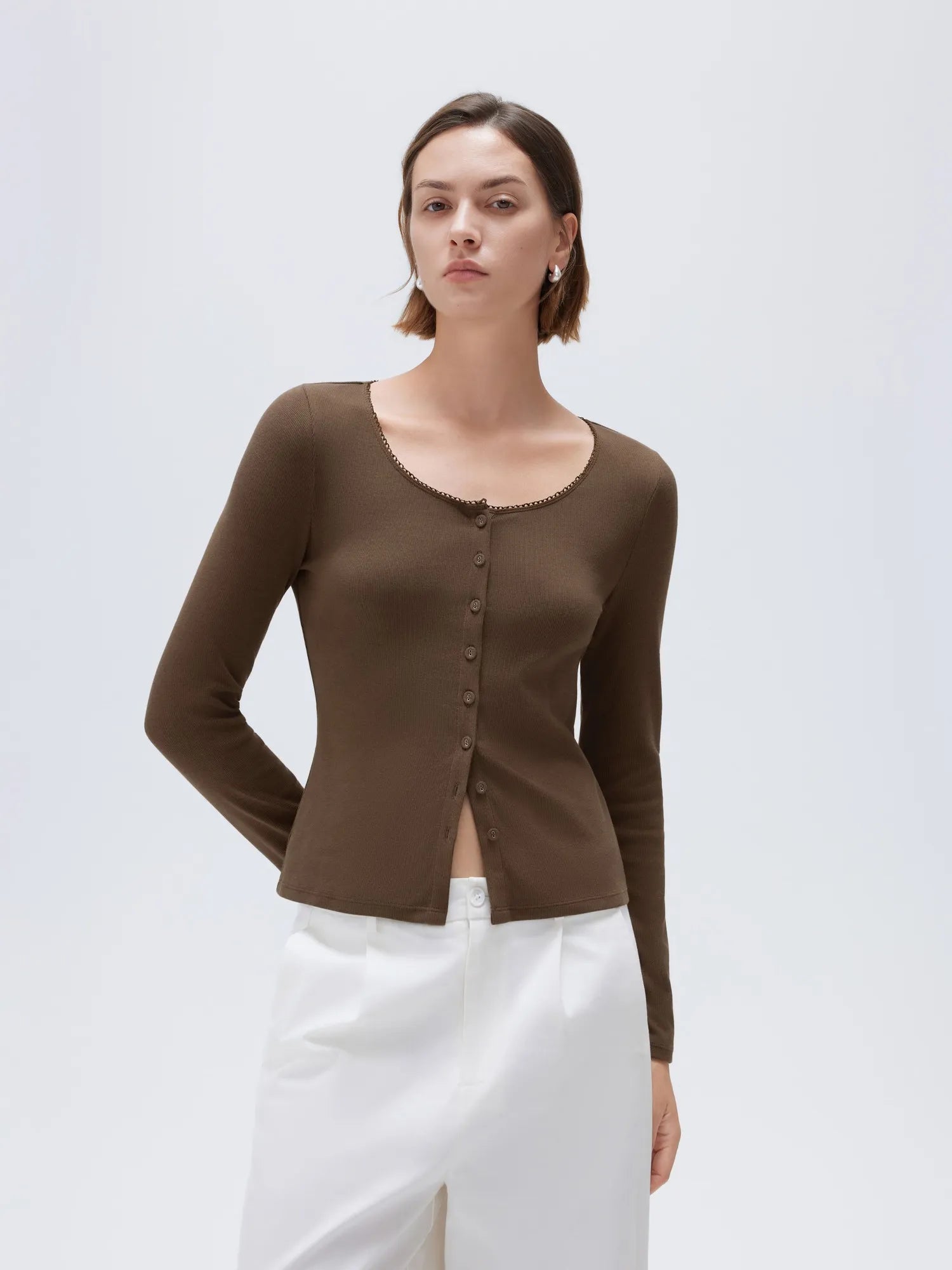 SUUKSESS Women Cotton Ribbed Long Sleeve Tops Button Down Crew Neck Lace Line Going Out Fitted Shirts-SUUKSESS-Coffee-XS-SUUKSESS