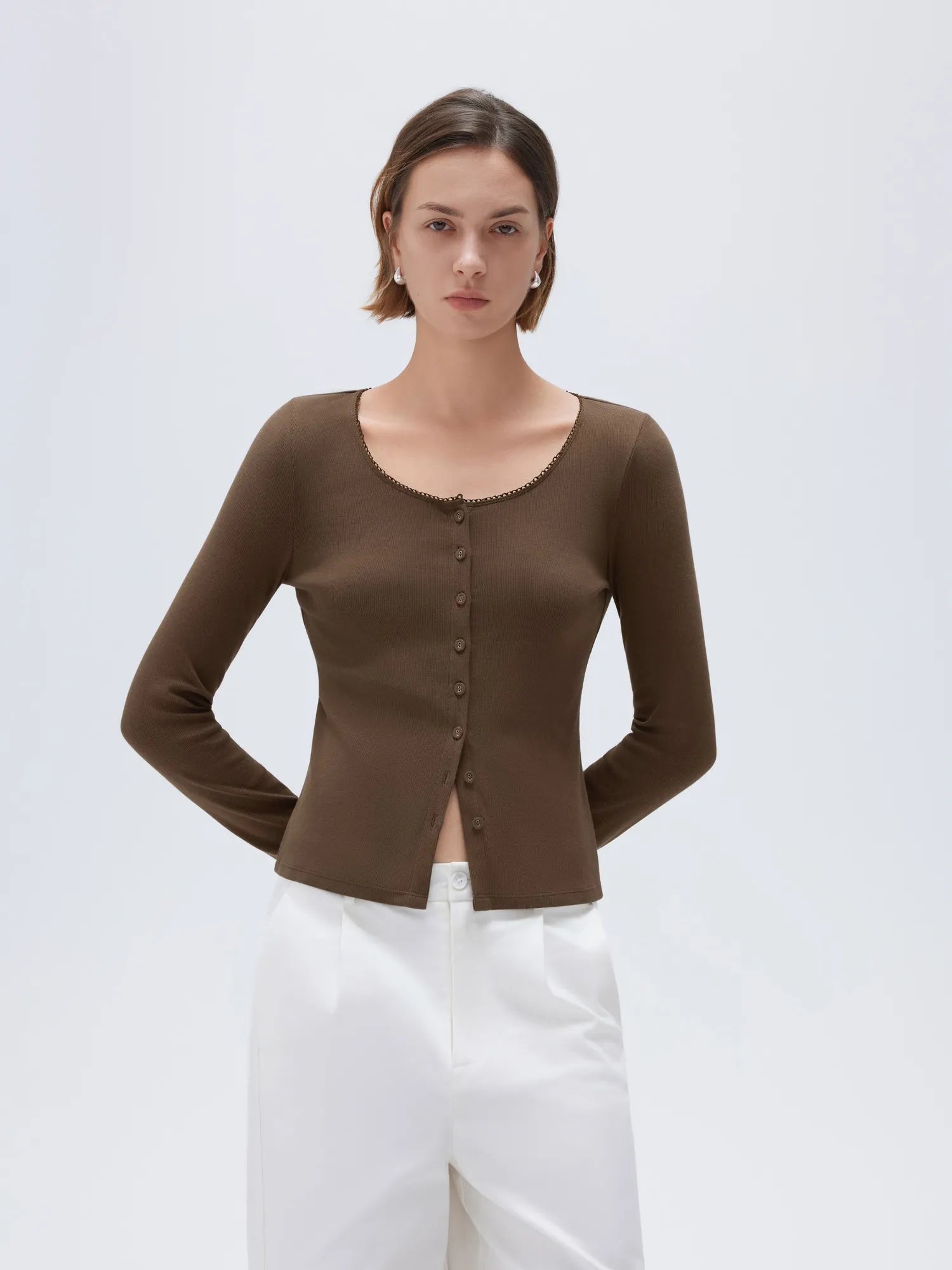 SUUKSESS Women Cotton Ribbed Long Sleeve Tops Button Down Crew Neck Lace Line Going Out Fitted Shirts-SUUKSESS-SUUKSESS