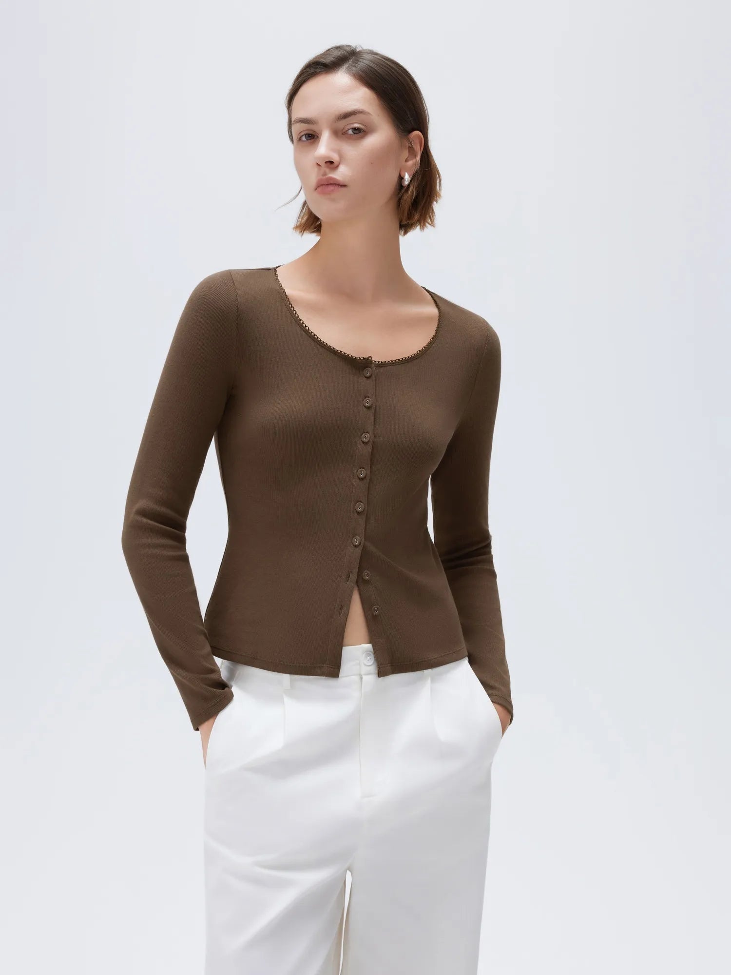 SUUKSESS Women Cotton Ribbed Long Sleeve Tops Button Down Crew Neck Lace Line Going Out Fitted Shirts-SUUKSESS-SUUKSESS