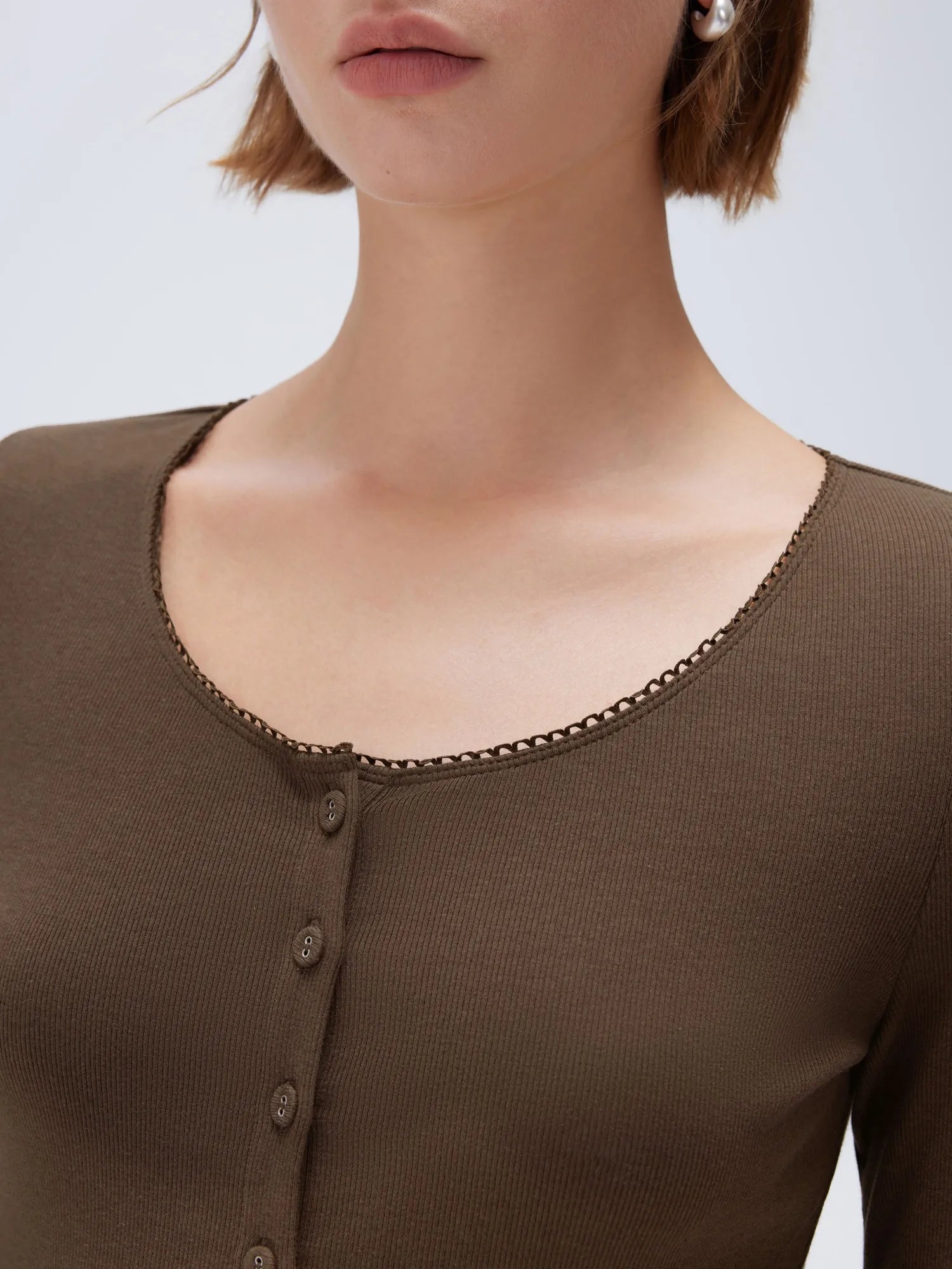 SUUKSESS Women Cotton Ribbed Long Sleeve Tops Button Down Crew Neck Lace Line Going Out Fitted Shirts-SUUKSESS-SUUKSESS