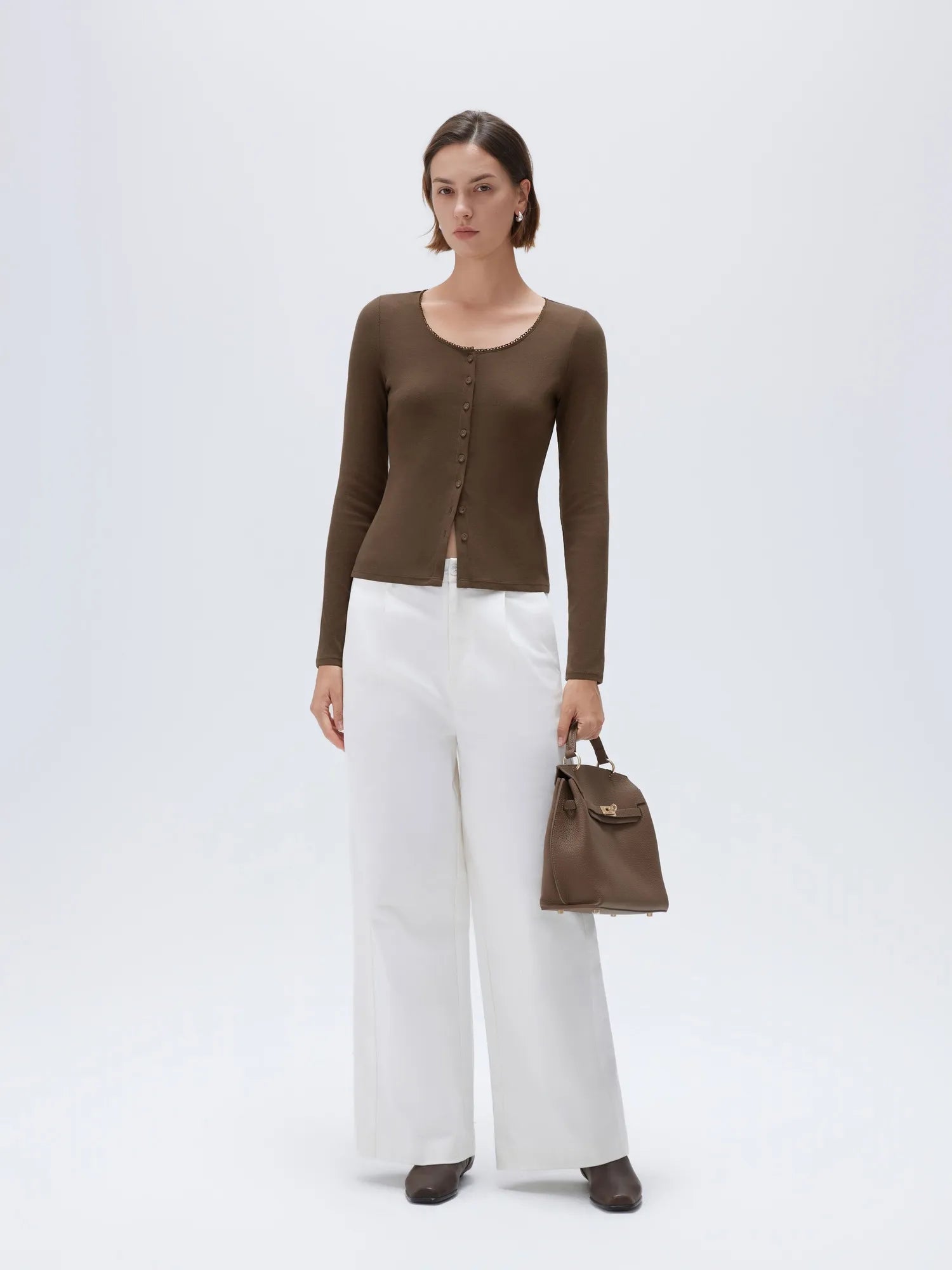 SUUKSESS Women Cotton Ribbed Long Sleeve Tops Button Down Crew Neck Lace Line Going Out Fitted Shirts-SUUKSESS-SUUKSESS