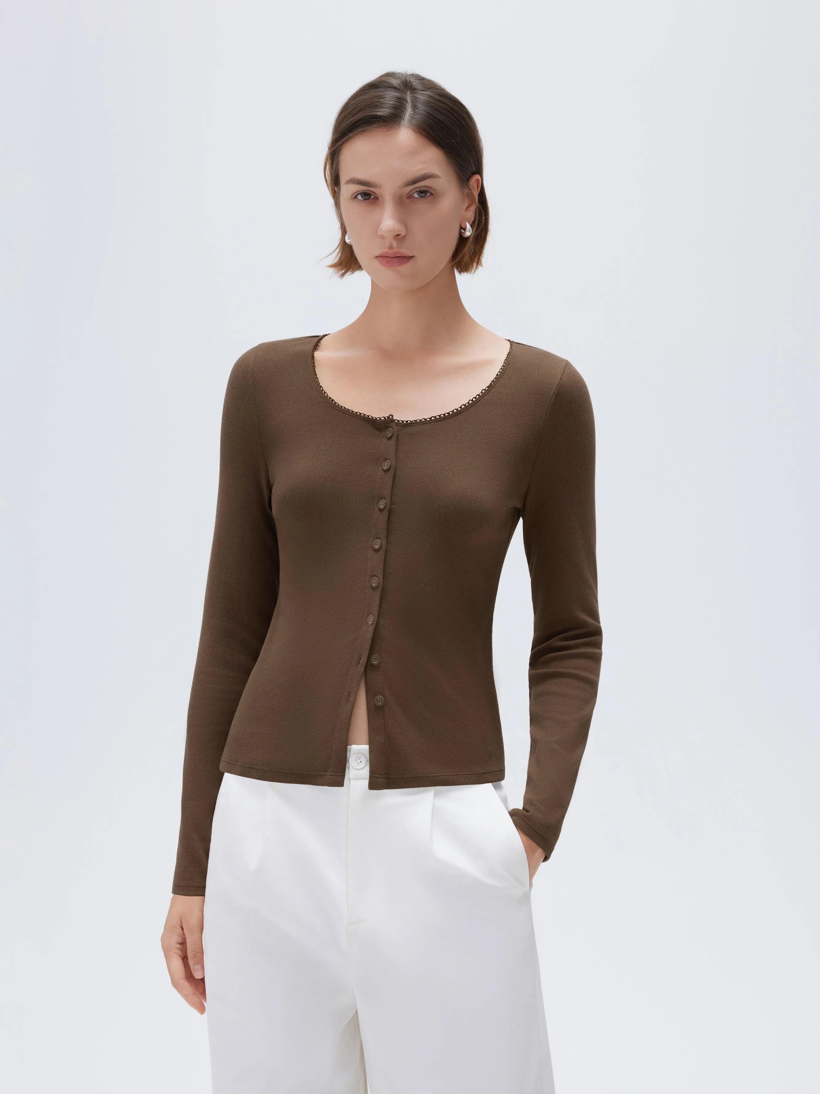 SUUKSESS Women Cotton Ribbed Long Sleeve Tops Button Down Crew Neck Lace Line Going Out Fitted Shirts-SUUKSESS-SUUKSESS