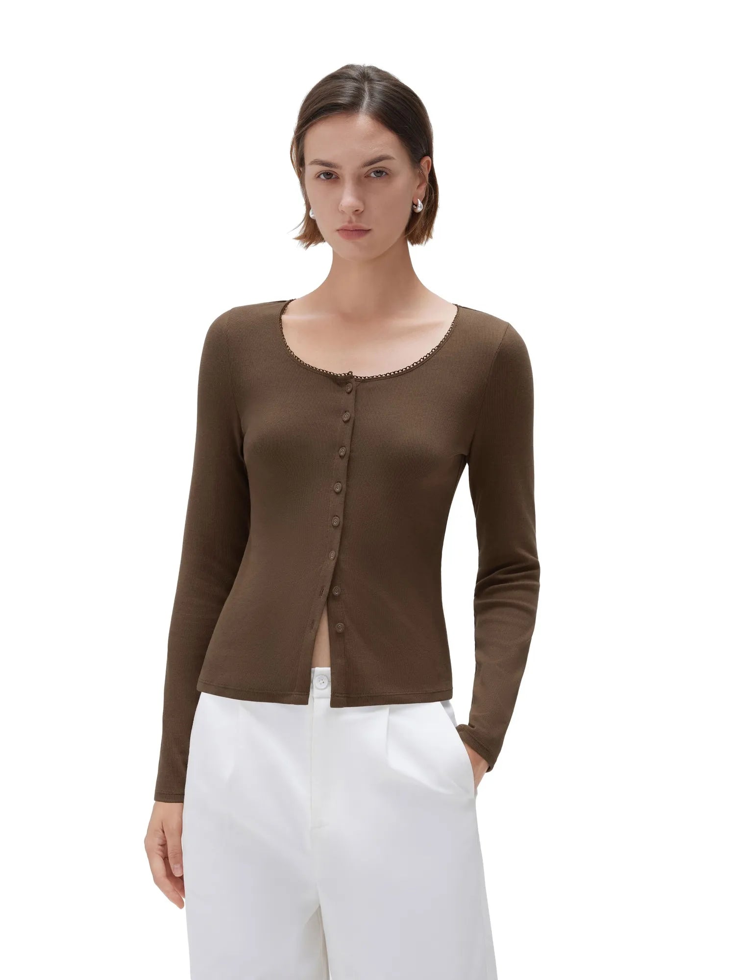 SUUKSESS Women Cotton Ribbed Long Sleeve Tops Button Down Crew Neck Lace Line Going Out Fitted Shirts-SUUKSESS-SUUKSESS