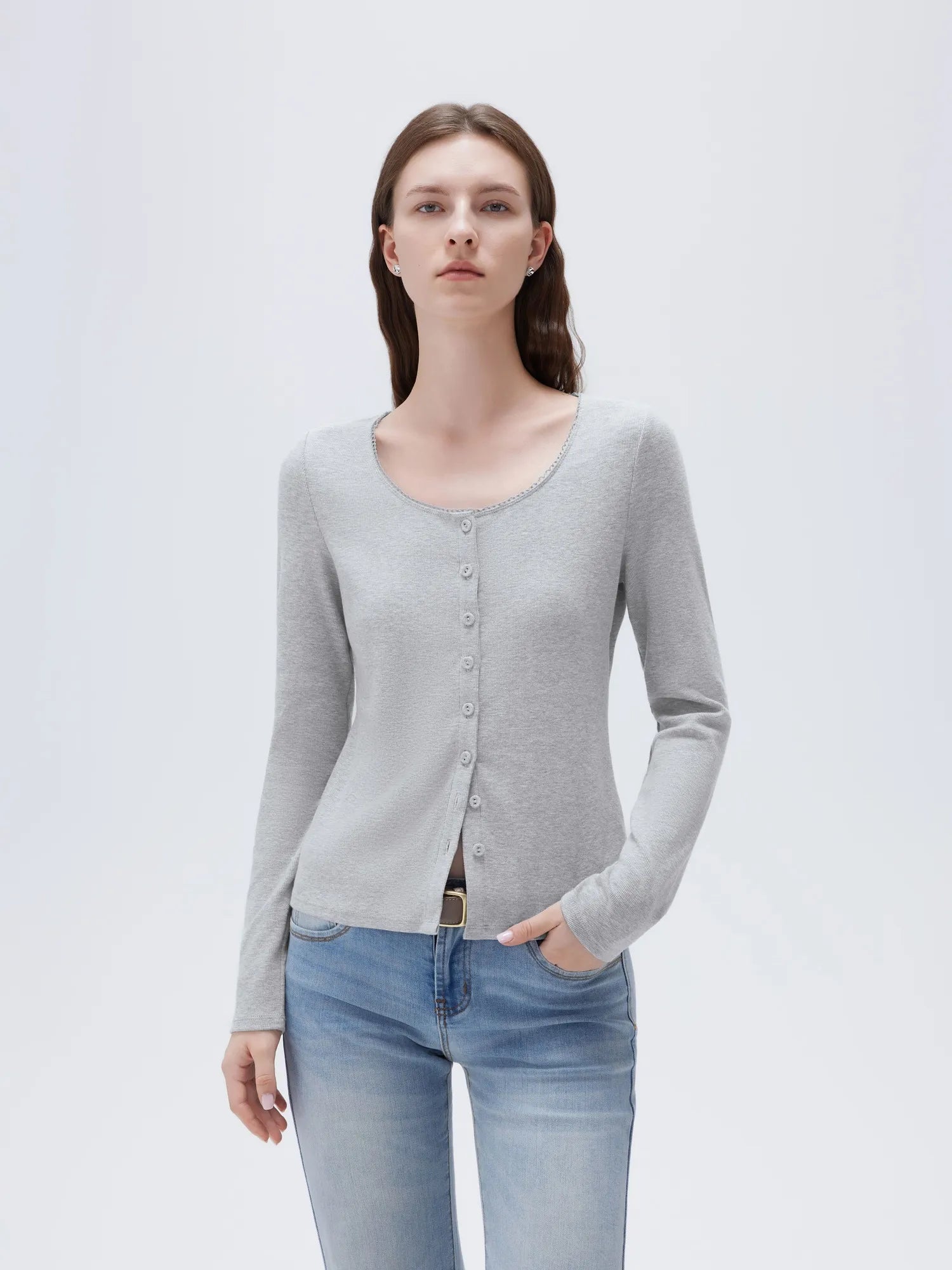 SUUKSESS Women Cotton Ribbed Long Sleeve Tops Button Down Crew Neck Lace Line Going Out Fitted Shirts-SUUKSESS-Grey-XS-SUUKSESS