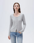 SUUKSESS Women Cotton Ribbed Long Sleeve Tops Button Down Crew Neck Lace Line Going Out Fitted Shirts-SUUKSESS-Grey-XS-SUUKSESS