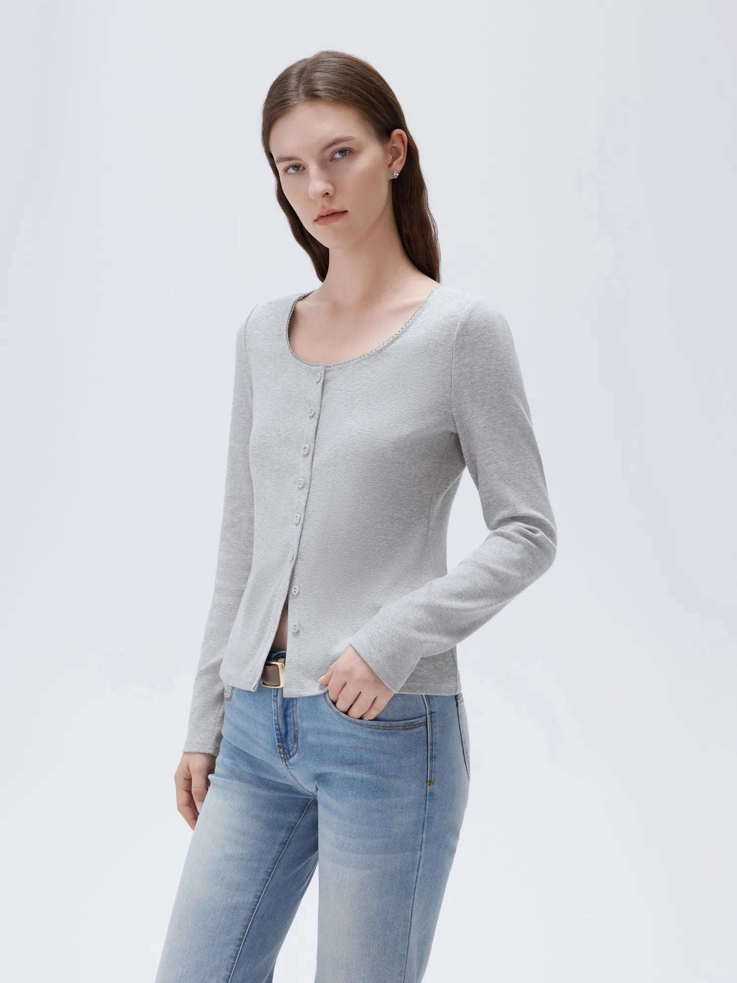 SUUKSESS Women Cotton Ribbed Long Sleeve Tops Button Down Crew Neck Lace Line Going Out Fitted Shirts-SUUKSESS-SUUKSESS