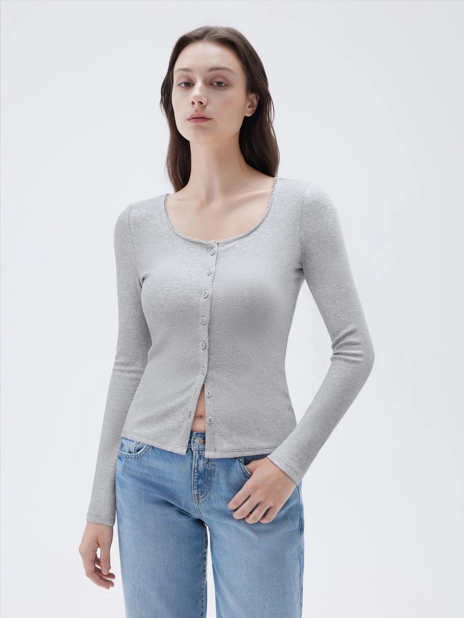 SUUKSESS Women Cotton Ribbed Long Sleeve Tops Button Down Crew Neck Lace Line Going Out Fitted Shirts-SUUKSESS-SUUKSESS