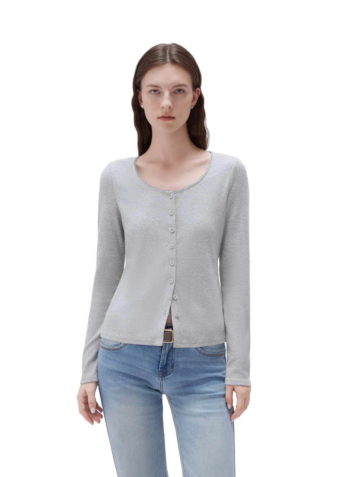 SUUKSESS Women Cotton Ribbed Long Sleeve Tops Button Down Crew Neck Lace Line Going Out Fitted Shirts-SUUKSESS-SUUKSESS