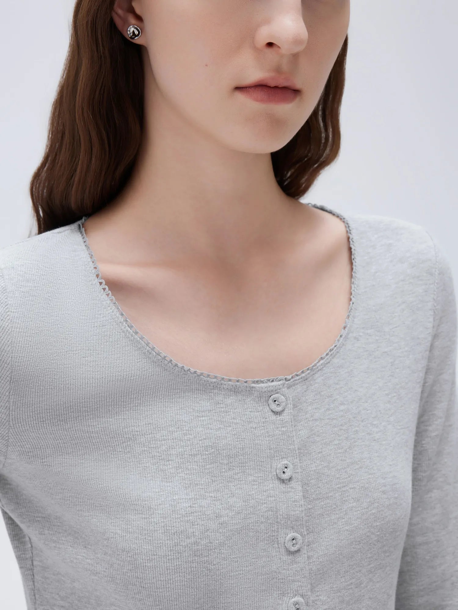 SUUKSESS Women Cotton Ribbed Long Sleeve Tops Button Down Crew Neck Lace Line Going Out Fitted Shirts-SUUKSESS-SUUKSESS