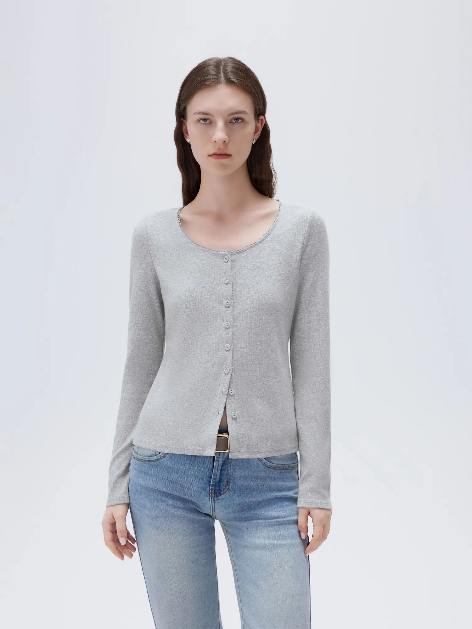 SUUKSESS Women Cotton Ribbed Long Sleeve Tops Button Down Crew Neck Lace Line Going Out Fitted Shirts-SUUKSESS-SUUKSESS