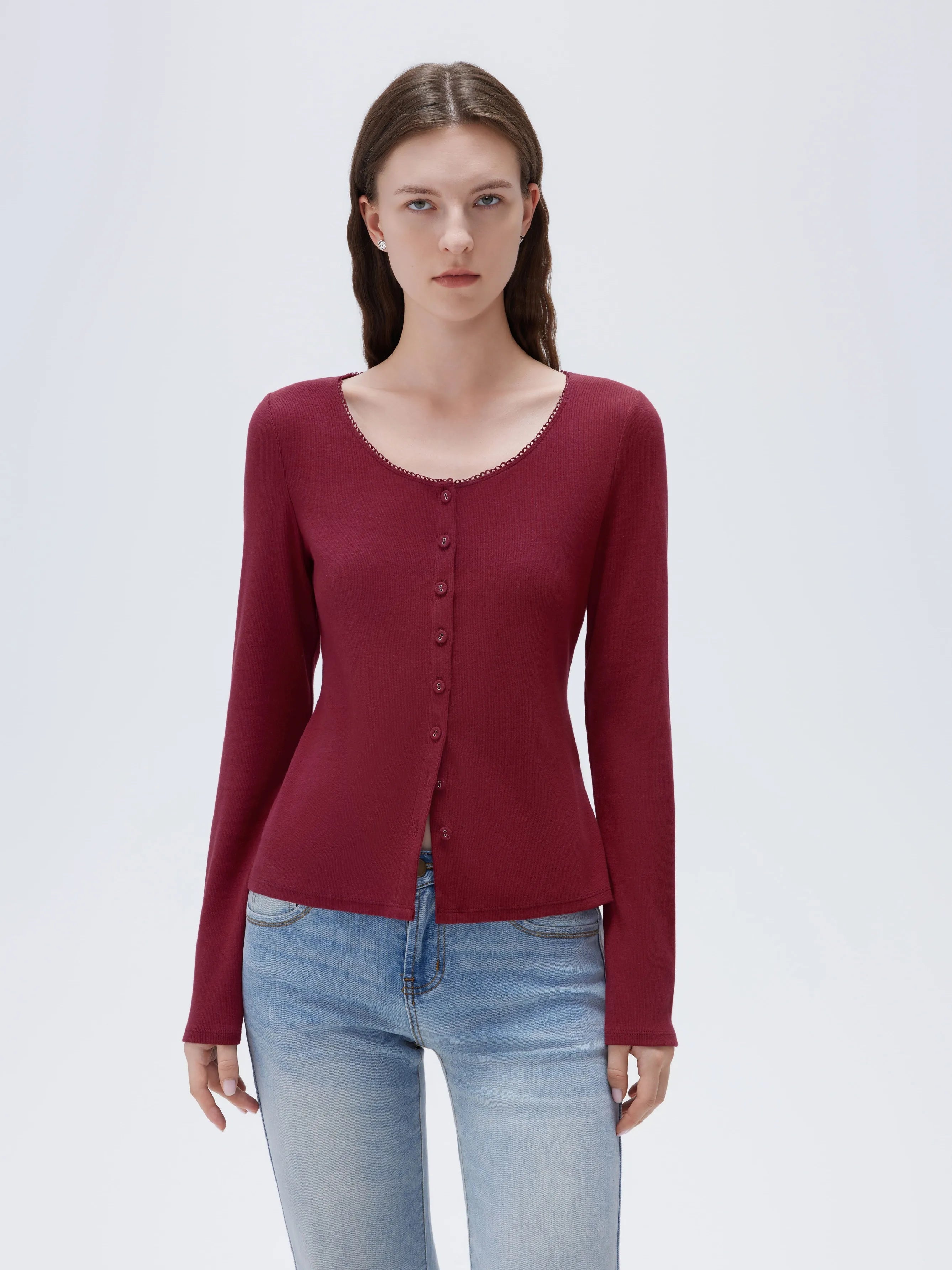SUUKSESS Women Cotton Ribbed Long Sleeve Tops Button Down Crew Neck Lace Line Going Out Fitted Shirts-SUUKSESS-Maroon-XS-SUUKSESS