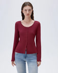SUUKSESS Women Cotton Ribbed Long Sleeve Tops Button Down Crew Neck Lace Line Going Out Fitted Shirts-SUUKSESS-Maroon-XS-SUUKSESS