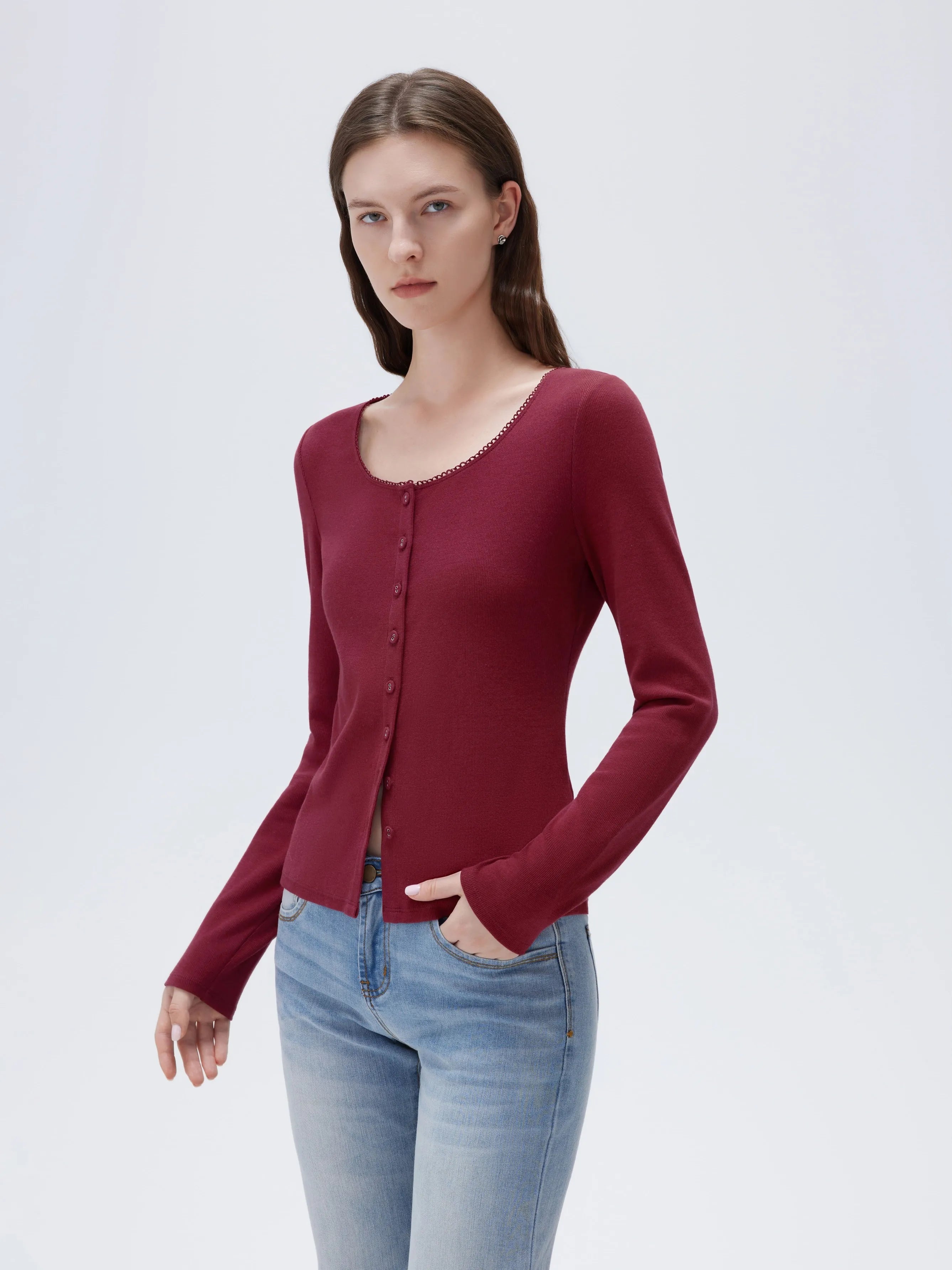 SUUKSESS Women Cotton Ribbed Long Sleeve Tops Button Down Crew Neck Lace Line Going Out Fitted Shirts-SUUKSESS-SUUKSESS