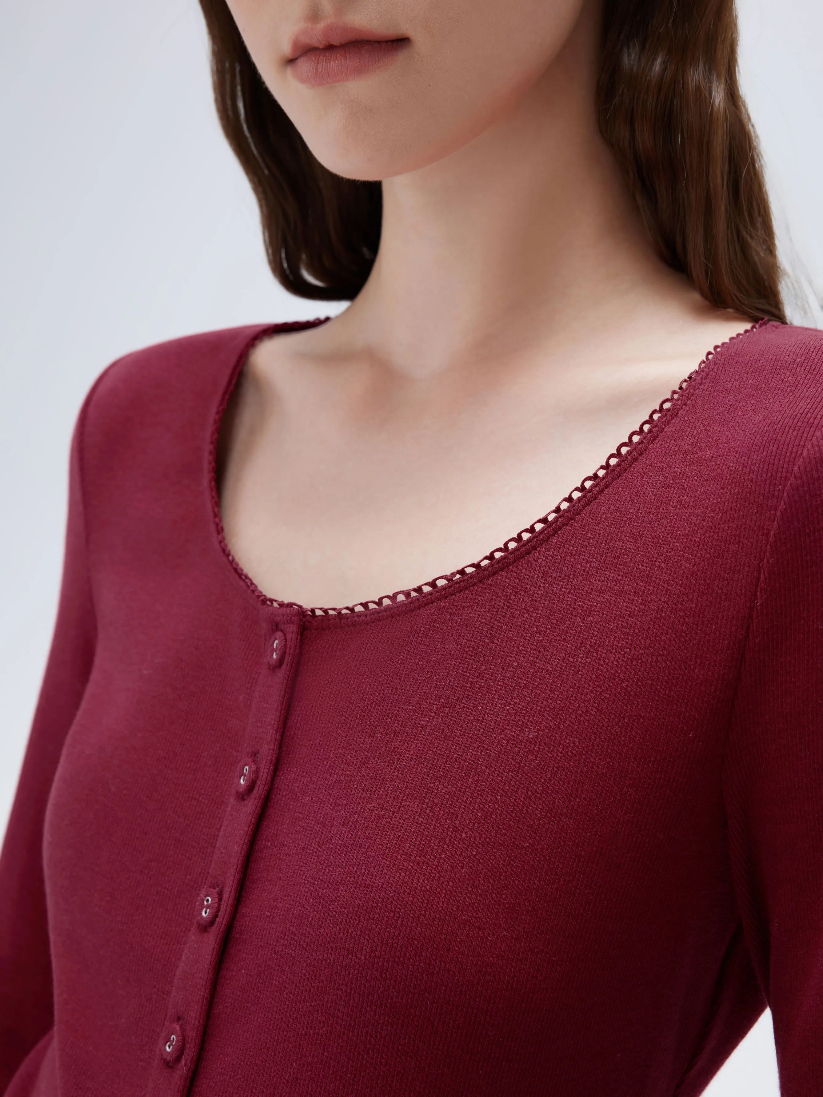 SUUKSESS Women Cotton Ribbed Long Sleeve Tops Button Down Crew Neck Lace Line Going Out Fitted Shirts-SUUKSESS-SUUKSESS