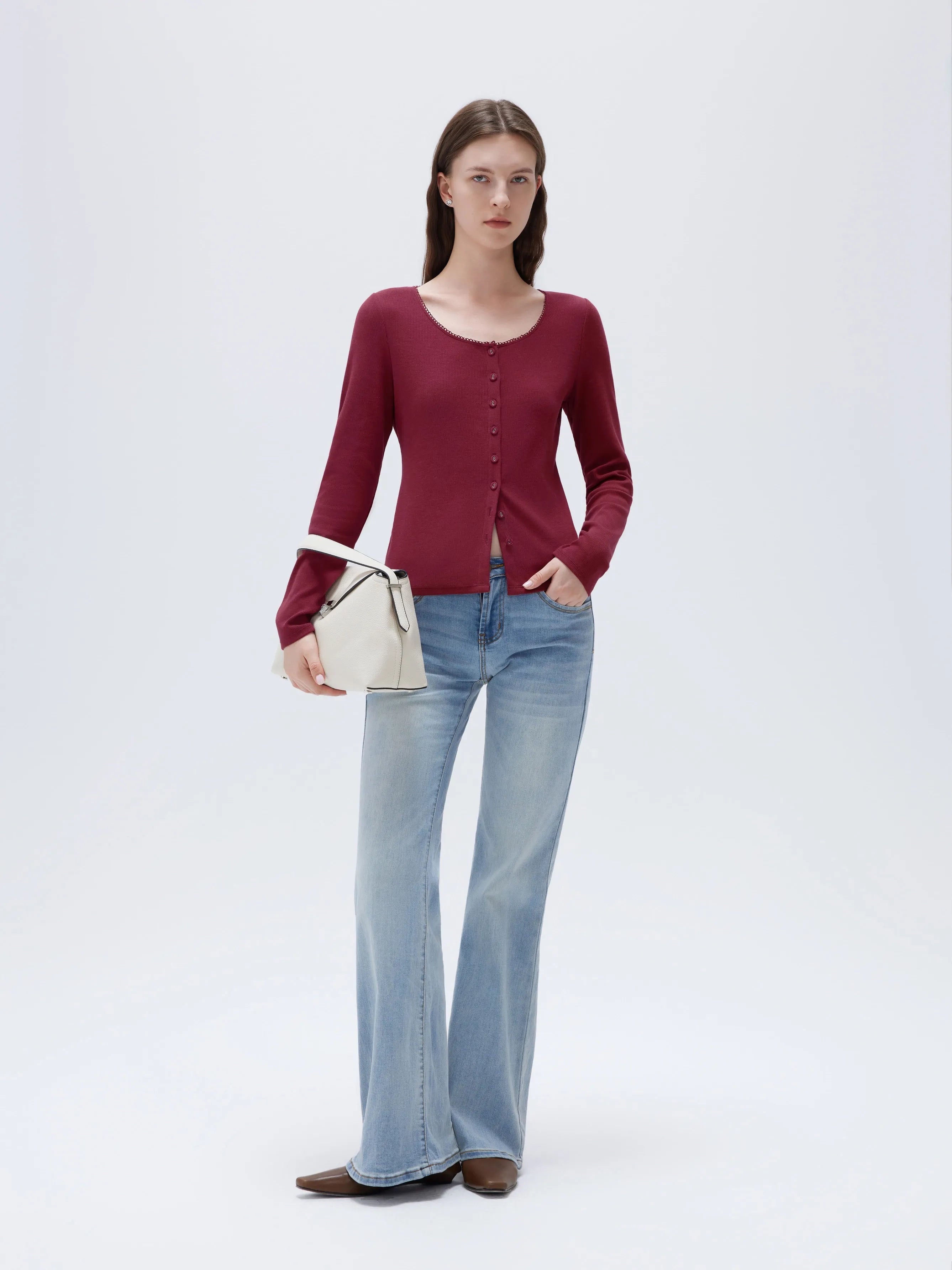 SUUKSESS Women Cotton Ribbed Long Sleeve Tops Button Down Crew Neck Lace Line Going Out Fitted Shirts-SUUKSESS-SUUKSESS