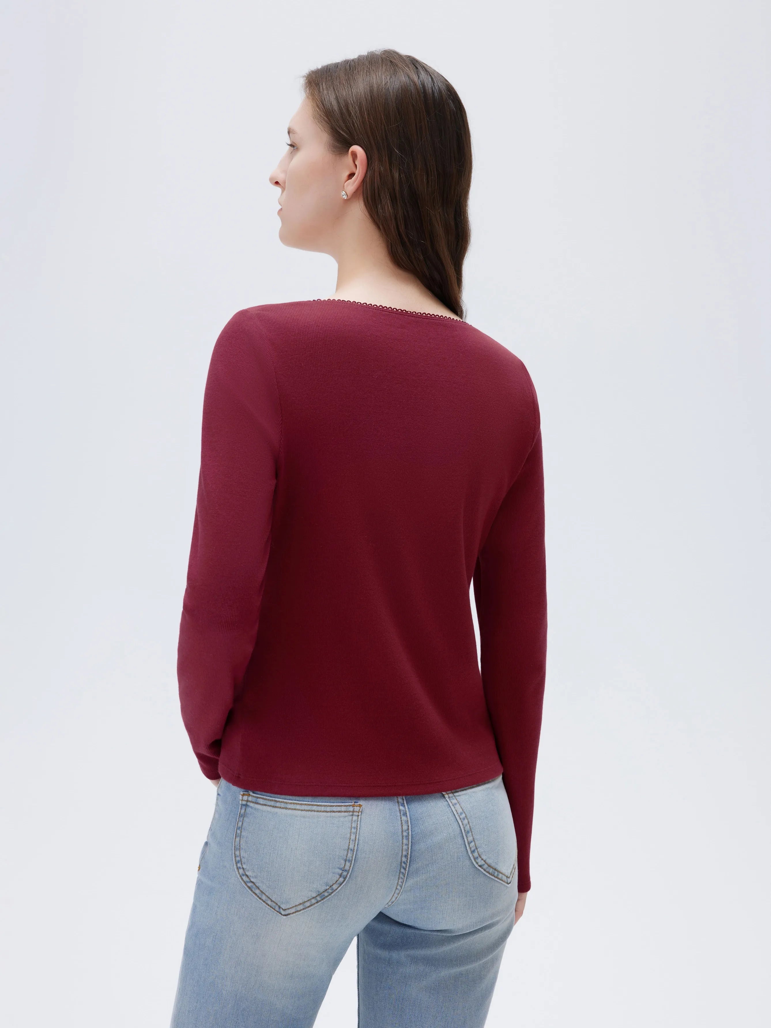 SUUKSESS Women Cotton Ribbed Long Sleeve Tops Button Down Crew Neck Lace Line Going Out Fitted Shirts-SUUKSESS-SUUKSESS