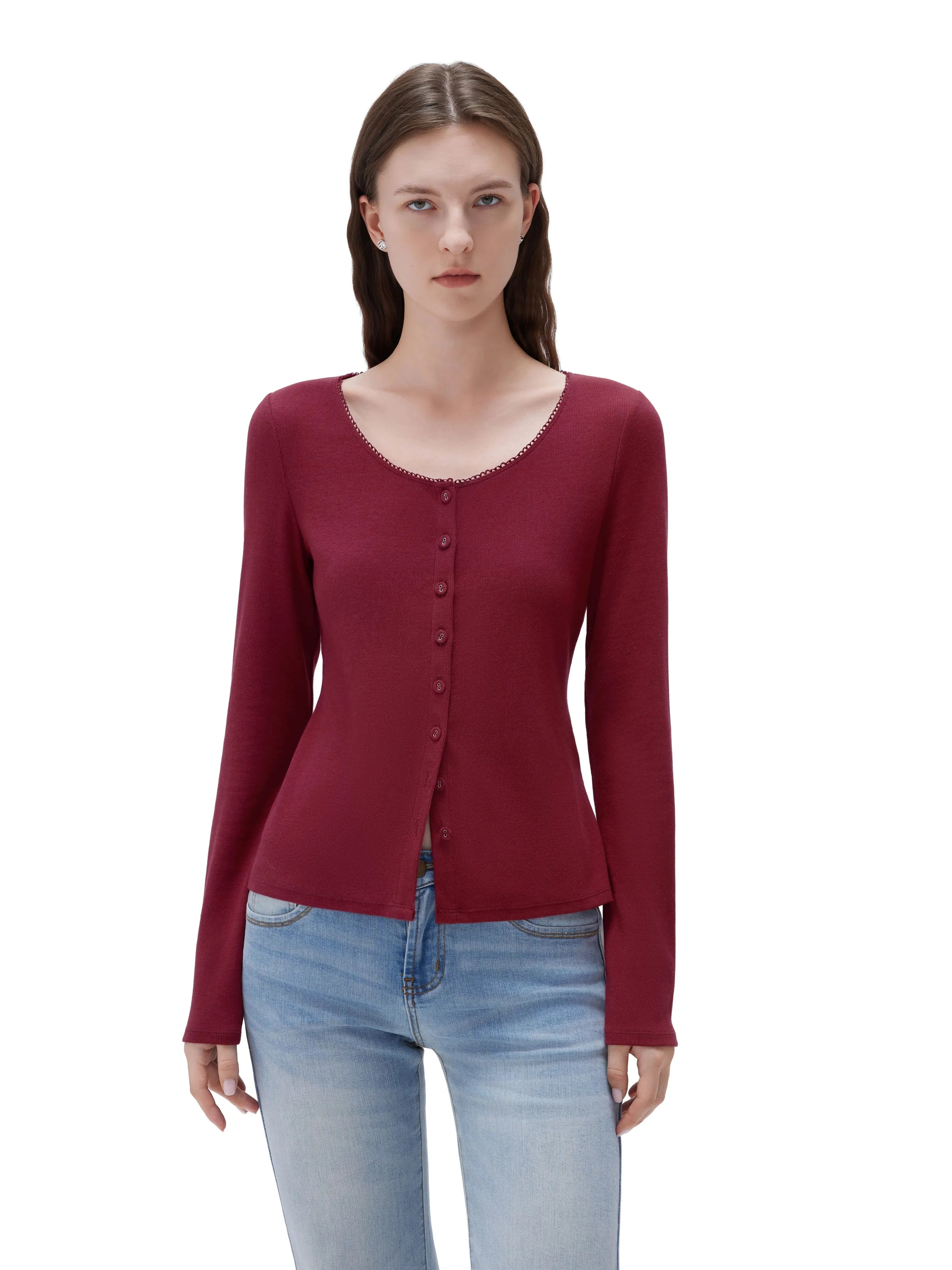 SUUKSESS Women Cotton Ribbed Long Sleeve Tops Button Down Crew Neck Lace Line Going Out Fitted Shirts-SUUKSESS-SUUKSESS