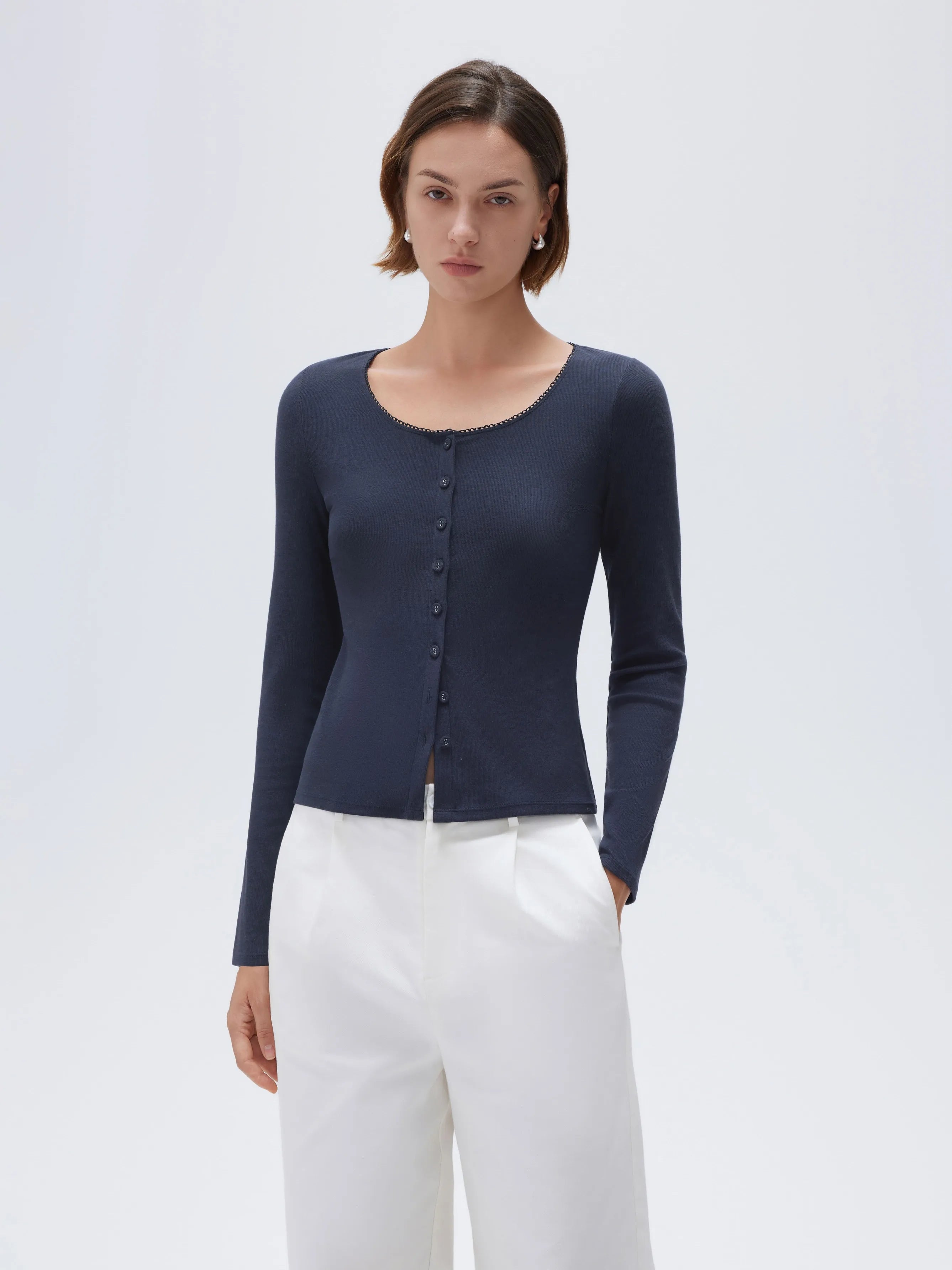 SUUKSESS Women Cotton Ribbed Long Sleeve Tops Button Down Crew Neck Lace Line Going Out Fitted Shirts-SUUKSESS-Navy-XS-SUUKSESS