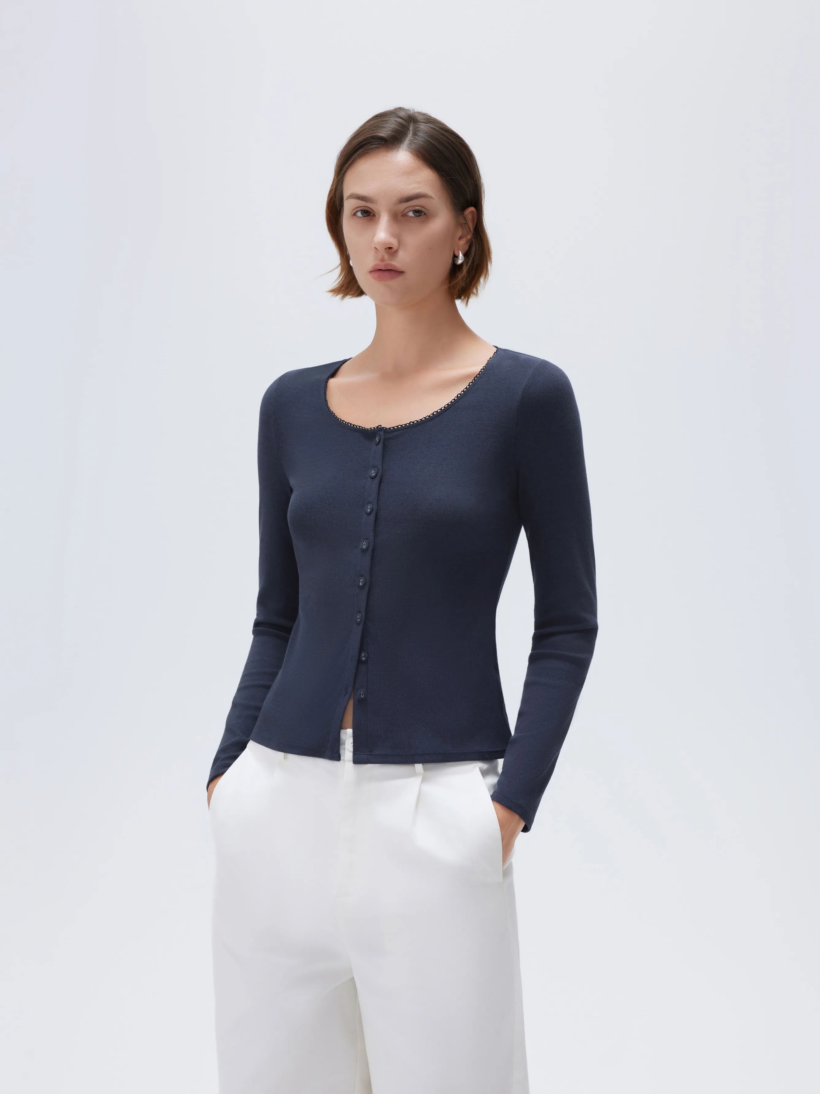 SUUKSESS Women Cotton Ribbed Long Sleeve Tops Button Down Crew Neck Lace Line Going Out Fitted Shirts-SUUKSESS-SUUKSESS