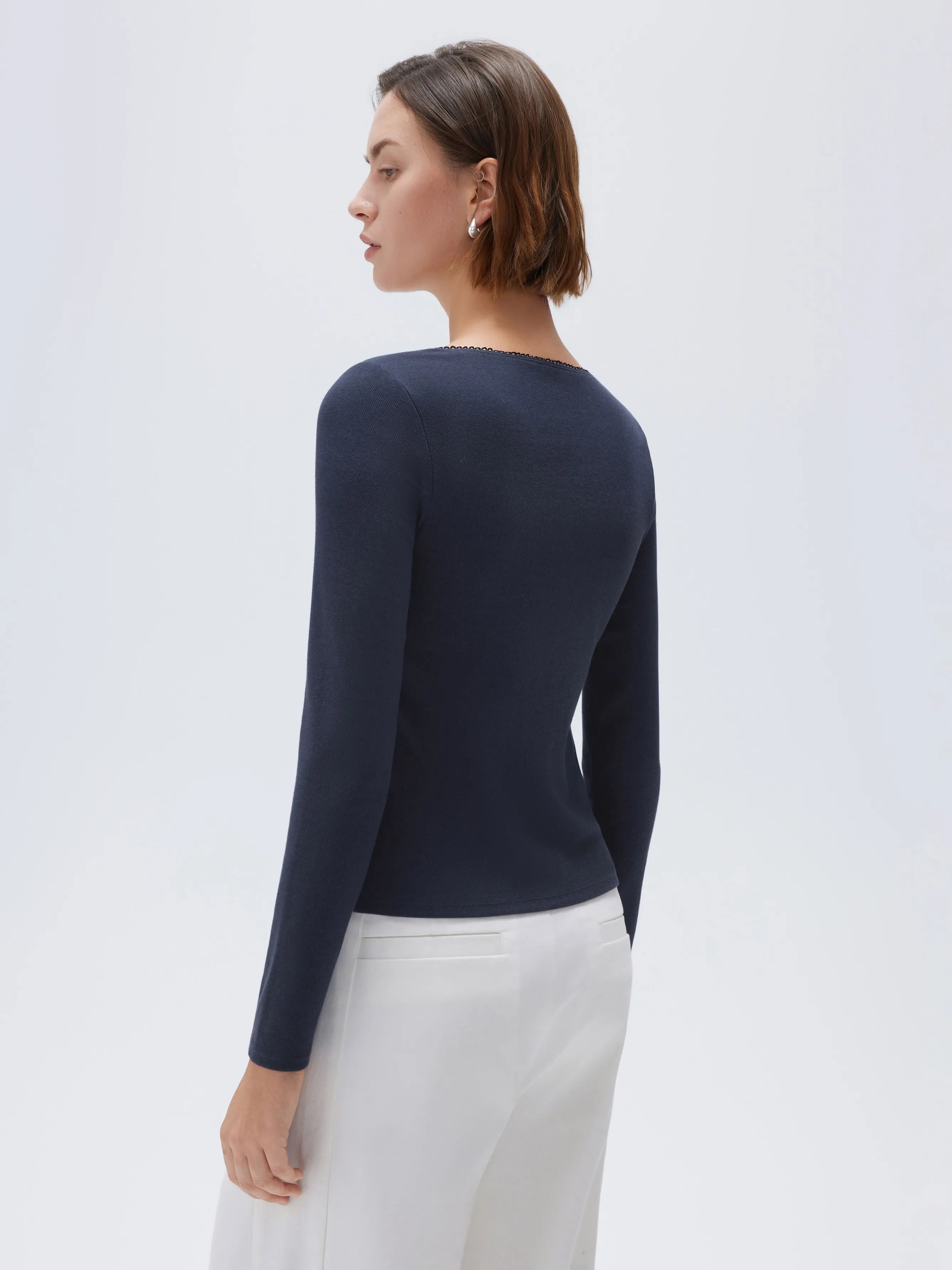 SUUKSESS Women Cotton Ribbed Long Sleeve Tops Button Down Crew Neck Lace Line Going Out Fitted Shirts-SUUKSESS-SUUKSESS