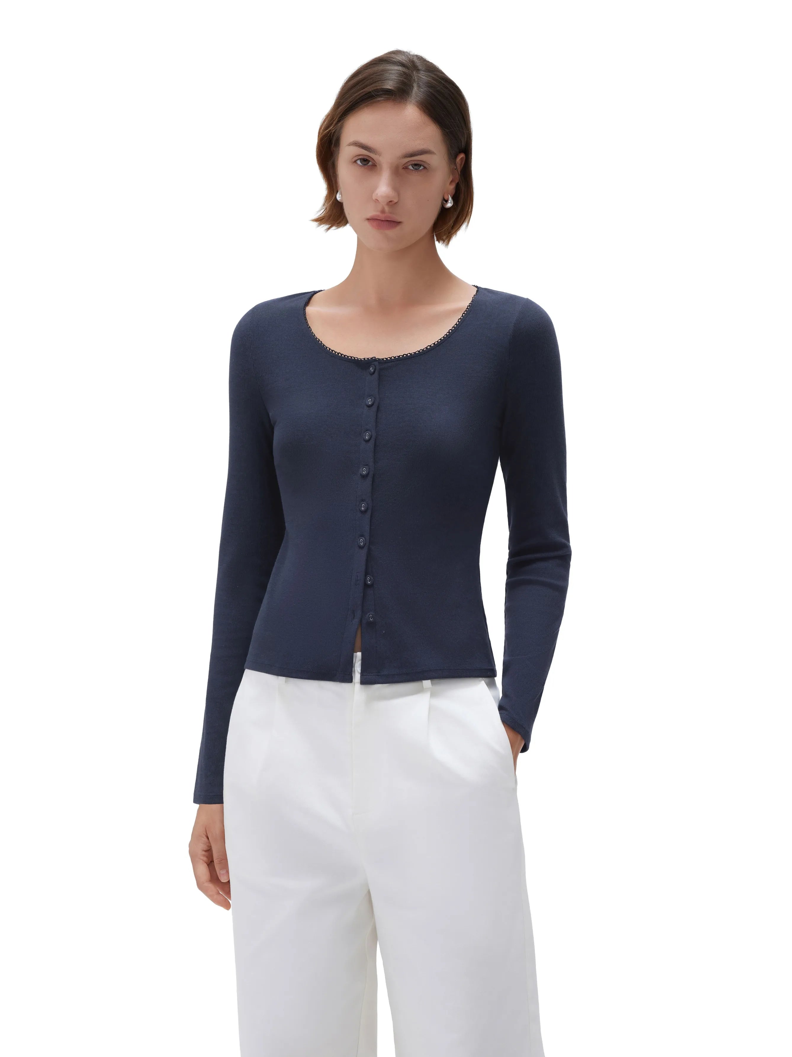 SUUKSESS Women Cotton Ribbed Long Sleeve Tops Button Down Crew Neck Lace Line Going Out Fitted Shirts-SUUKSESS-SUUKSESS