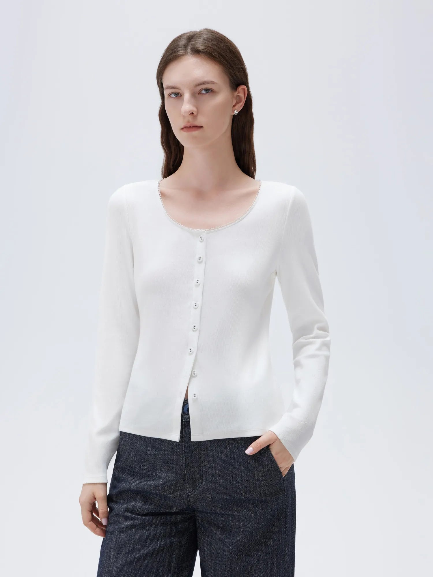 SUUKSESS Women Cotton Ribbed Long Sleeve Tops Button Down Crew Neck Lace Line Going Out Fitted Shirts-SUUKSESS-White-XS-SUUKSESS