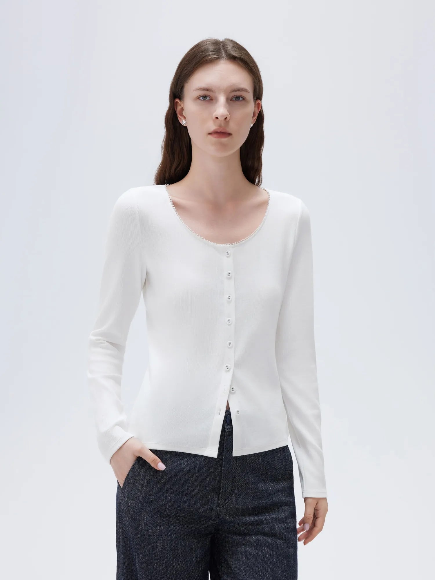 SUUKSESS Women Cotton Ribbed Long Sleeve Tops Button Down Crew Neck Lace Line Going Out Fitted Shirts-SUUKSESS-SUUKSESS