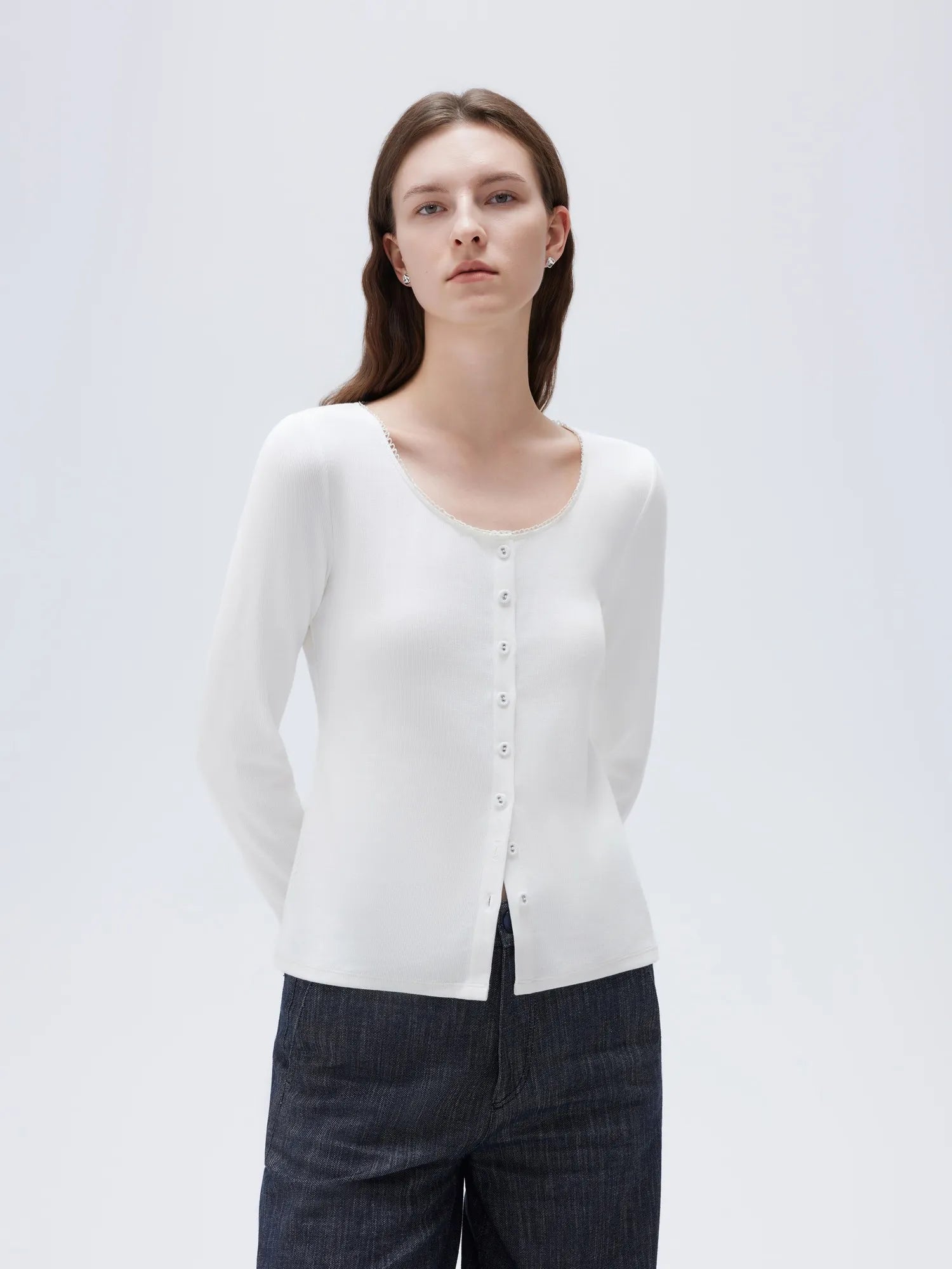 SUUKSESS Women Cotton Ribbed Long Sleeve Tops Button Down Crew Neck Lace Line Going Out Fitted Shirts-SUUKSESS-SUUKSESS