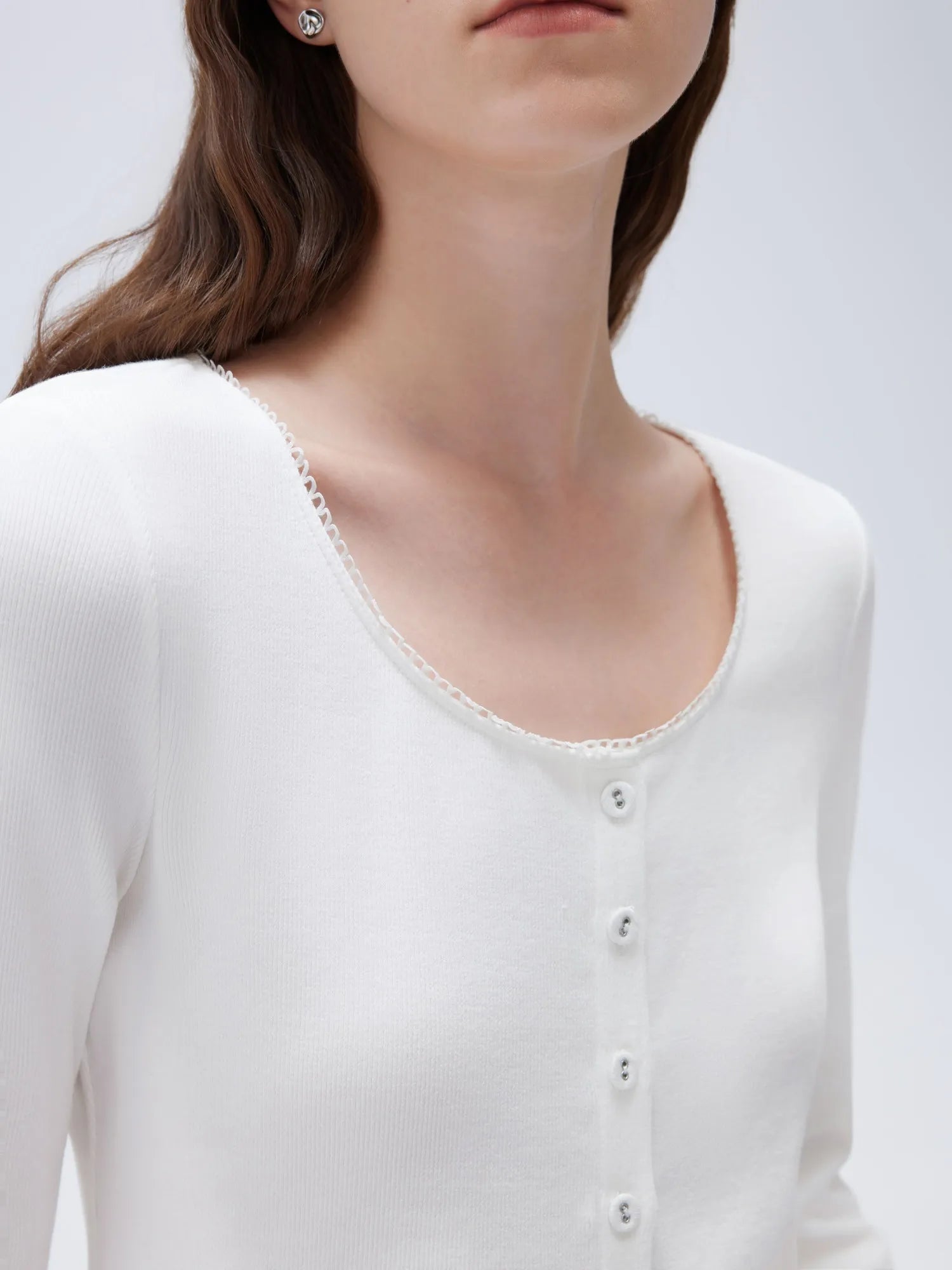 SUUKSESS Women Cotton Ribbed Long Sleeve Tops Button Down Crew Neck Lace Line Going Out Fitted Shirts-SUUKSESS-SUUKSESS