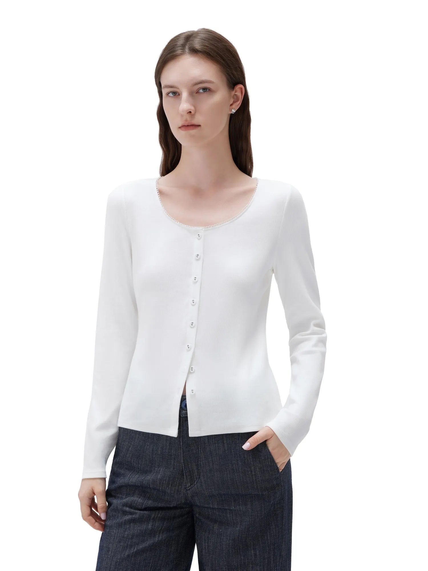 SUUKSESS Women Cotton Ribbed Long Sleeve Tops Button Down Crew Neck Lace Line Going Out Fitted Shirts-SUUKSESS-SUUKSESS