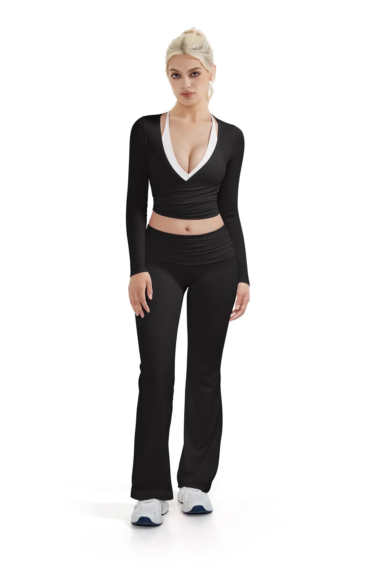 SUUKSESS Women Pilates Wrap Workout Cropped Top Ribbed Long Sleeve V Neck Tie Front Ballet Yoga Shrug Blouse-SUUKSESS-Black-XS-SUUKSESS