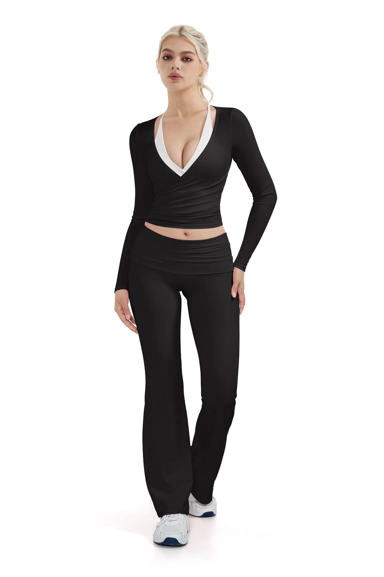 SUUKSESS Women Pilates Wrap Workout Cropped Top Ribbed Long Sleeve V Neck Tie Front Ballet Yoga Shrug Blouse-SUUKSESS-SUUKSESS