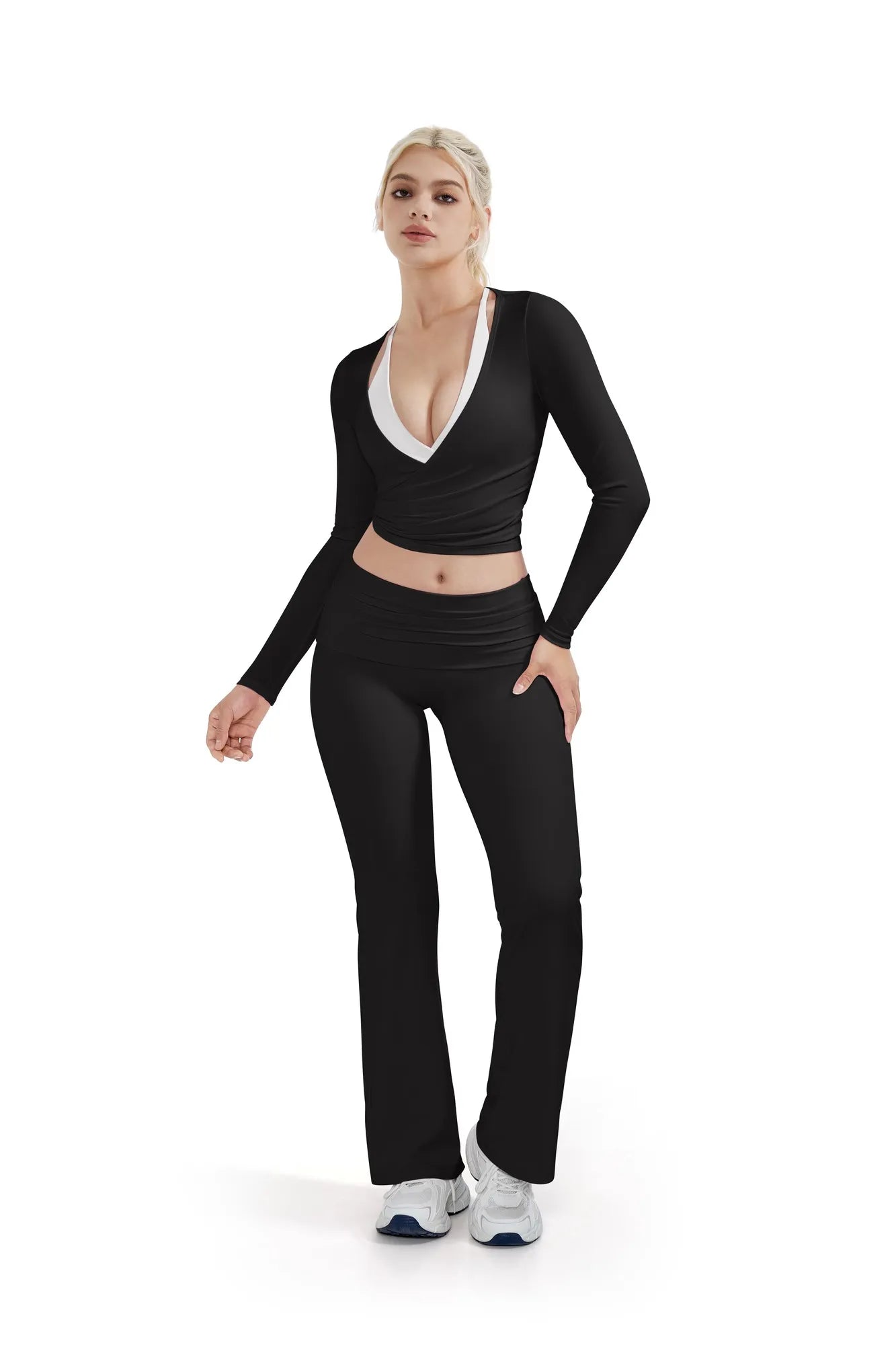 SUUKSESS Women Pilates Wrap Workout Cropped Top Ribbed Long Sleeve V Neck Tie Front Ballet Yoga Shrug Blouse-SUUKSESS-SUUKSESS