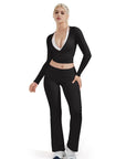SUUKSESS Women Pilates Wrap Workout Cropped Top Ribbed Long Sleeve V Neck Tie Front Ballet Yoga Shrug Blouse-SUUKSESS-SUUKSESS
