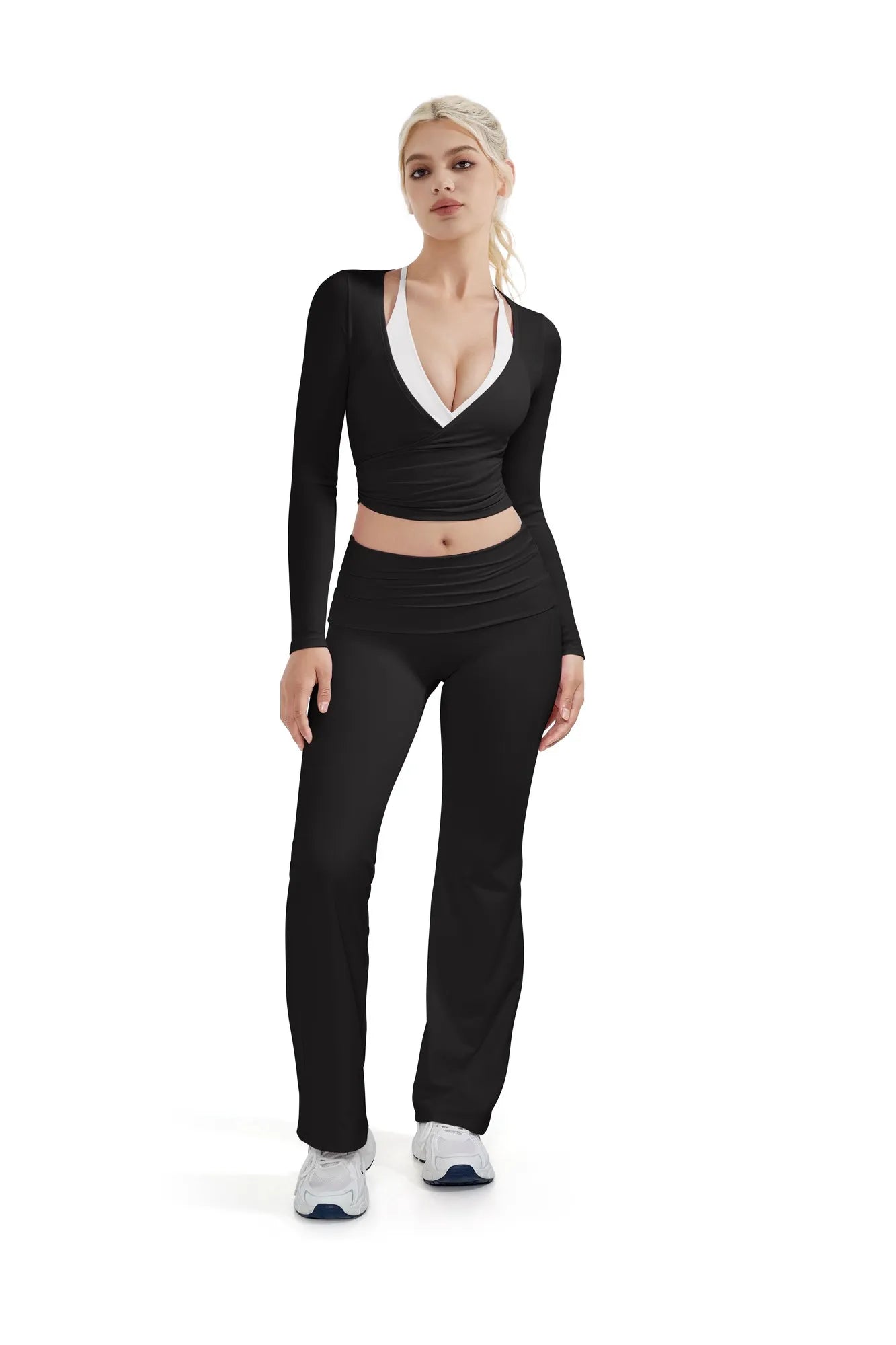 SUUKSESS Women Pilates Wrap Workout Cropped Top Ribbed Long Sleeve V Neck Tie Front Ballet Yoga Shrug Blouse-SUUKSESS-SUUKSESS