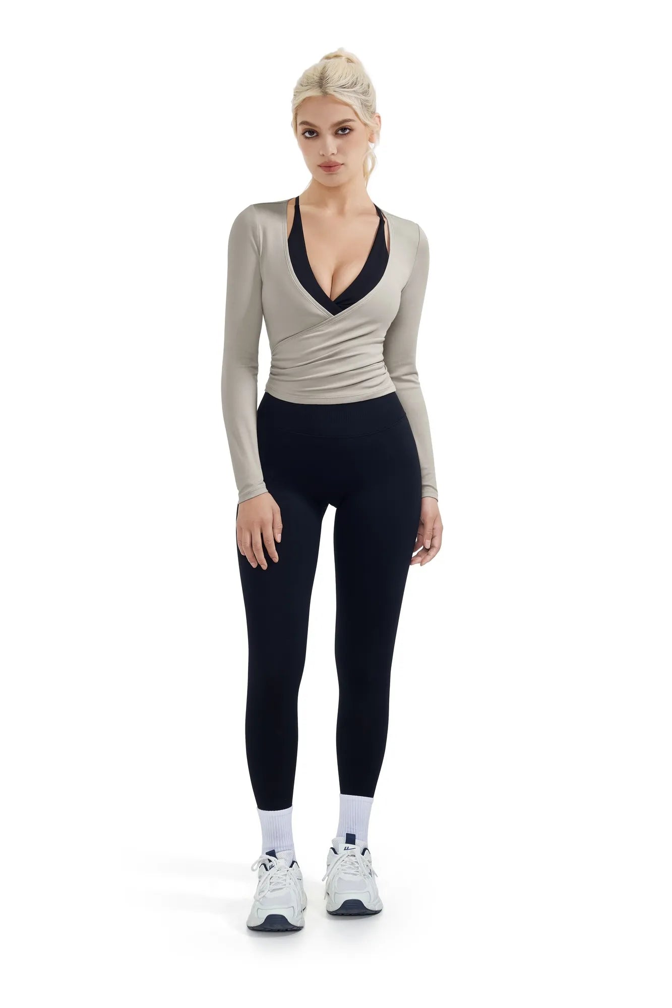 SUUKSESS Women Pilates Wrap Workout Cropped Top Ribbed Long Sleeve V Neck Tie Front Ballet Yoga Shrug Blouse-SUUKSESS-SUUKSESS